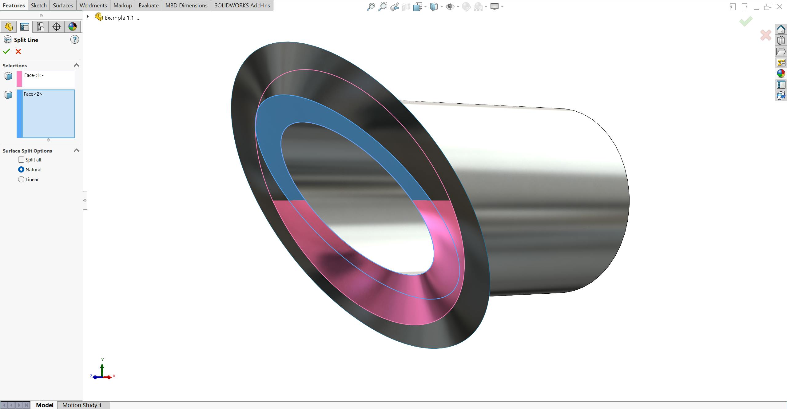 Split line tool in SolidWorks on a mitered round tube.