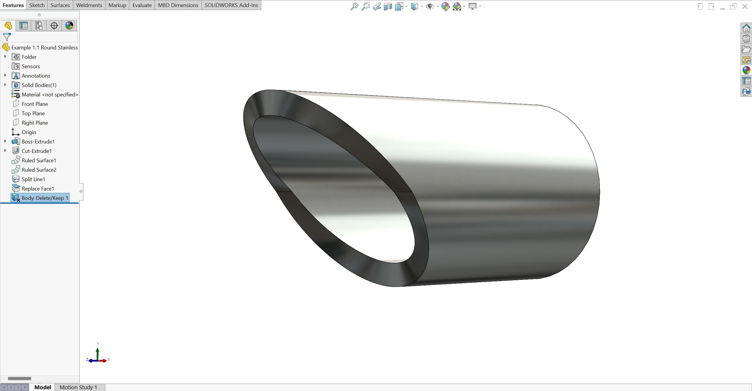 Normalized miter on a round tube in SolidWorks.