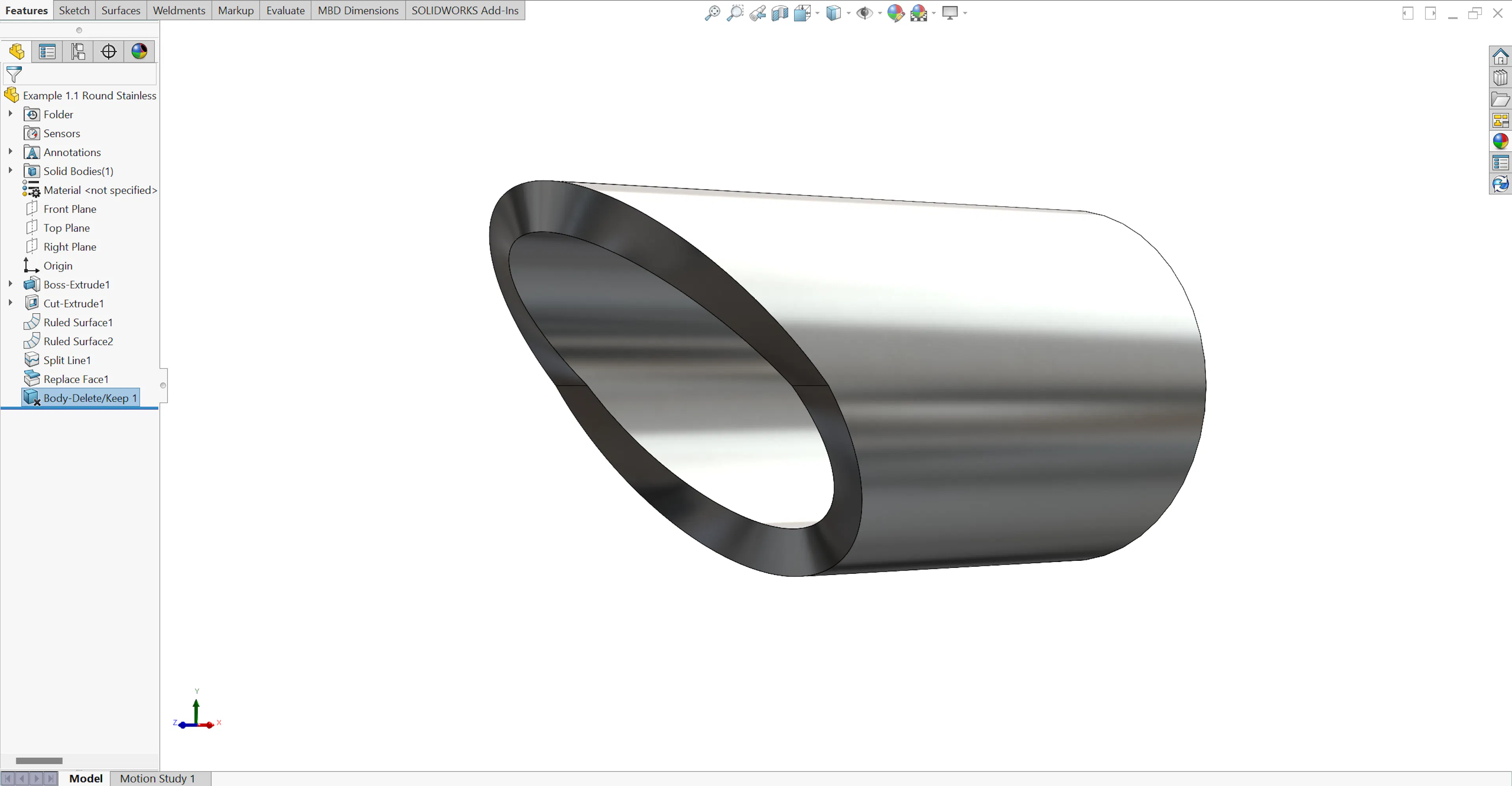 Normalized miter on a round tube in SolidWorks.