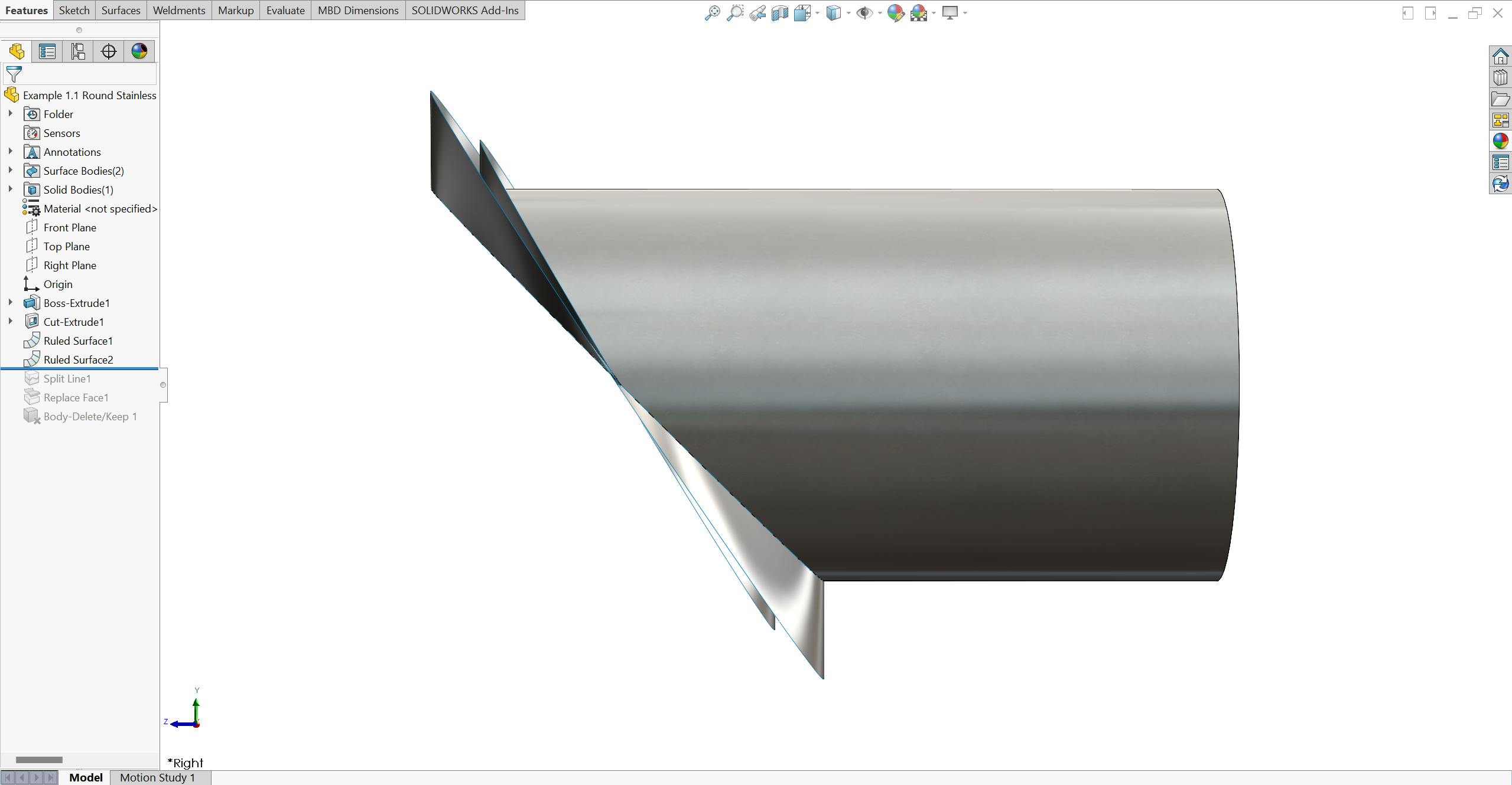 Side view of two ruled surfaces going through a mitered round tube in SolidWorks.