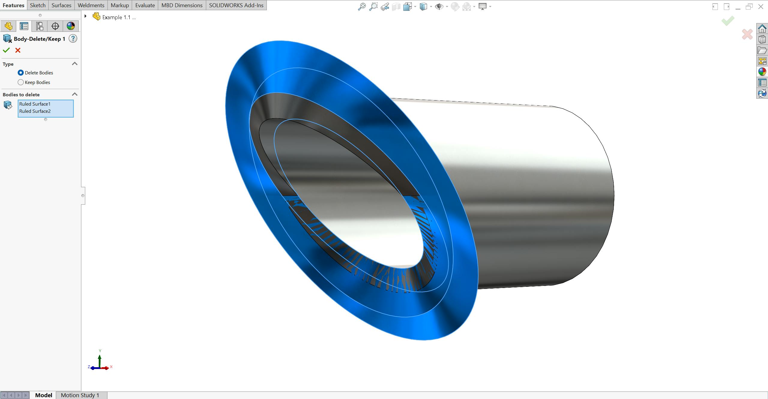 Delete keep bodies tool in SolidWorks on a mitered round tube.