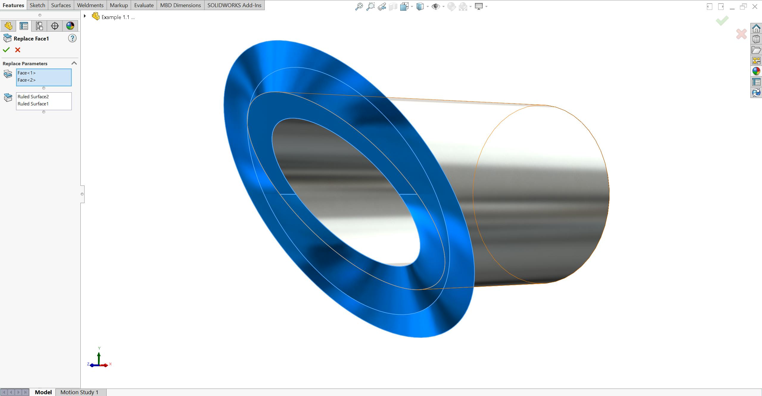 Replace face tool in SolidWorks on a mitered round tube.