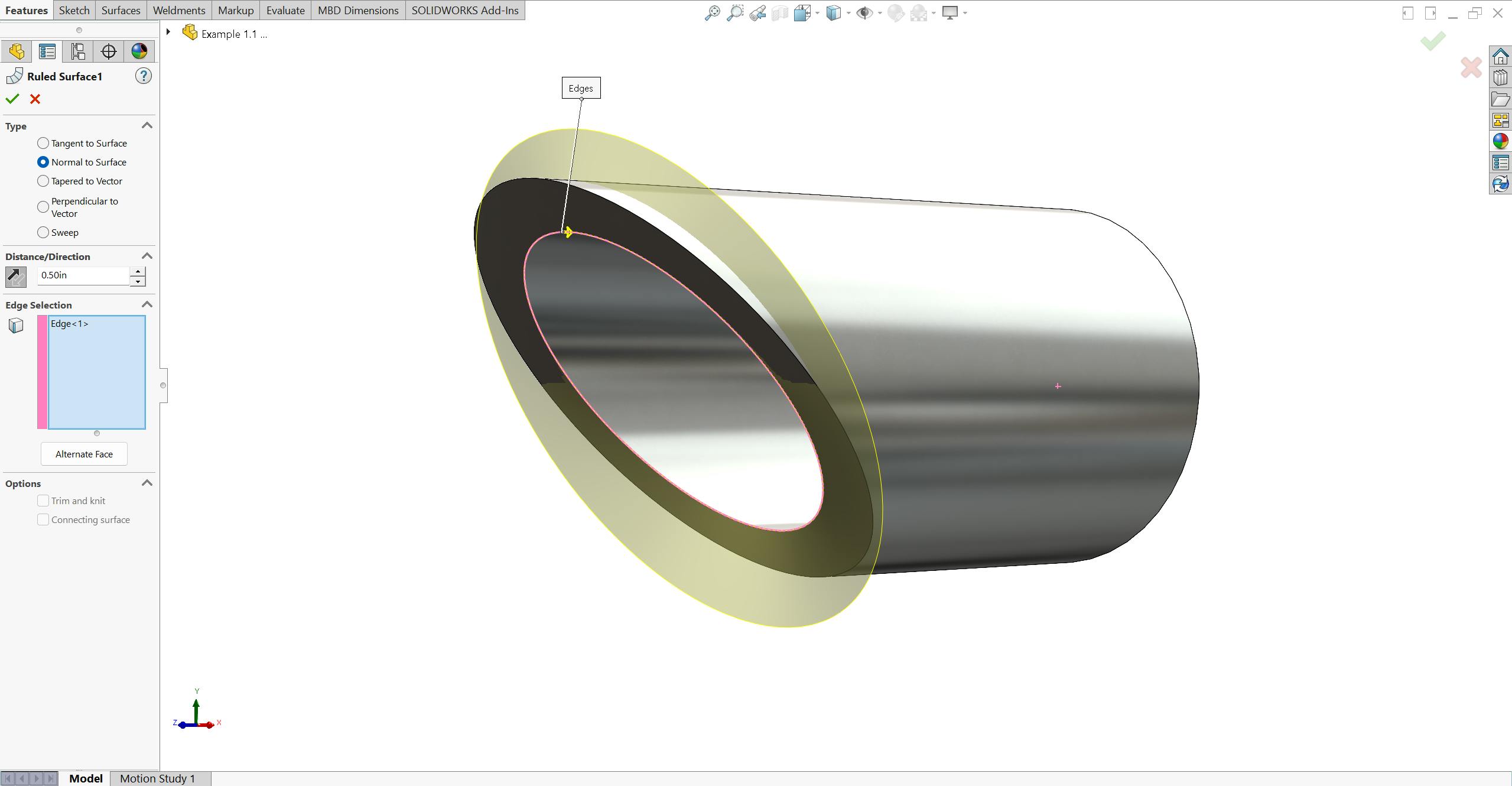 First ruled surface in SolidWorks on a mitered round tube.