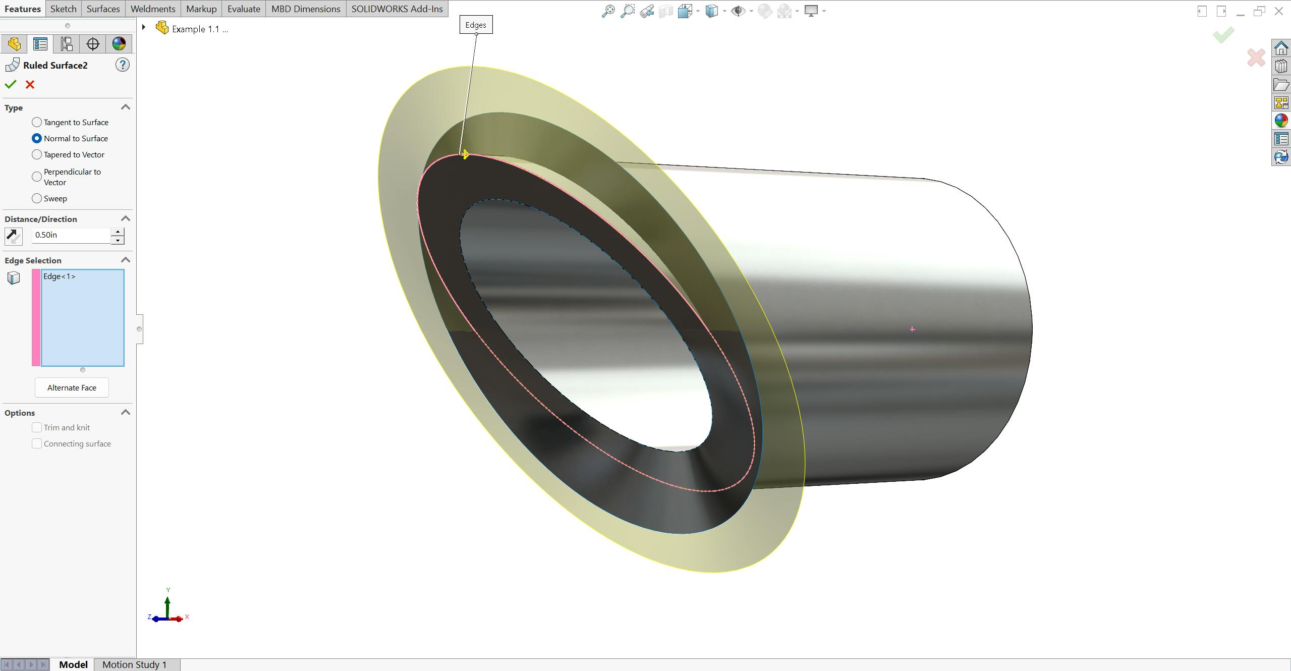 Second ruled surface in SolidWorks on a mitered round tube.