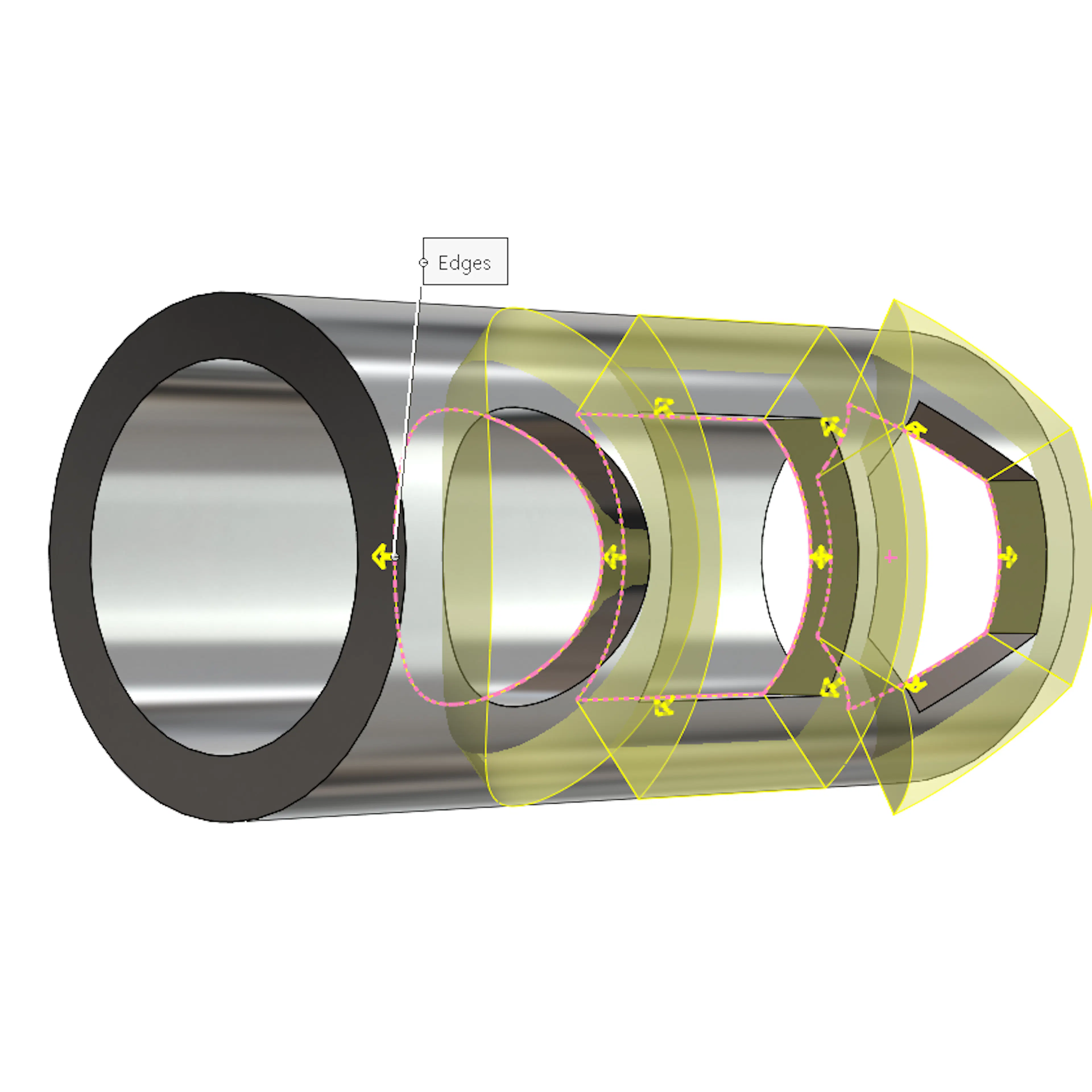 The ruled surface command in SolidWorks on holes from a round tube.