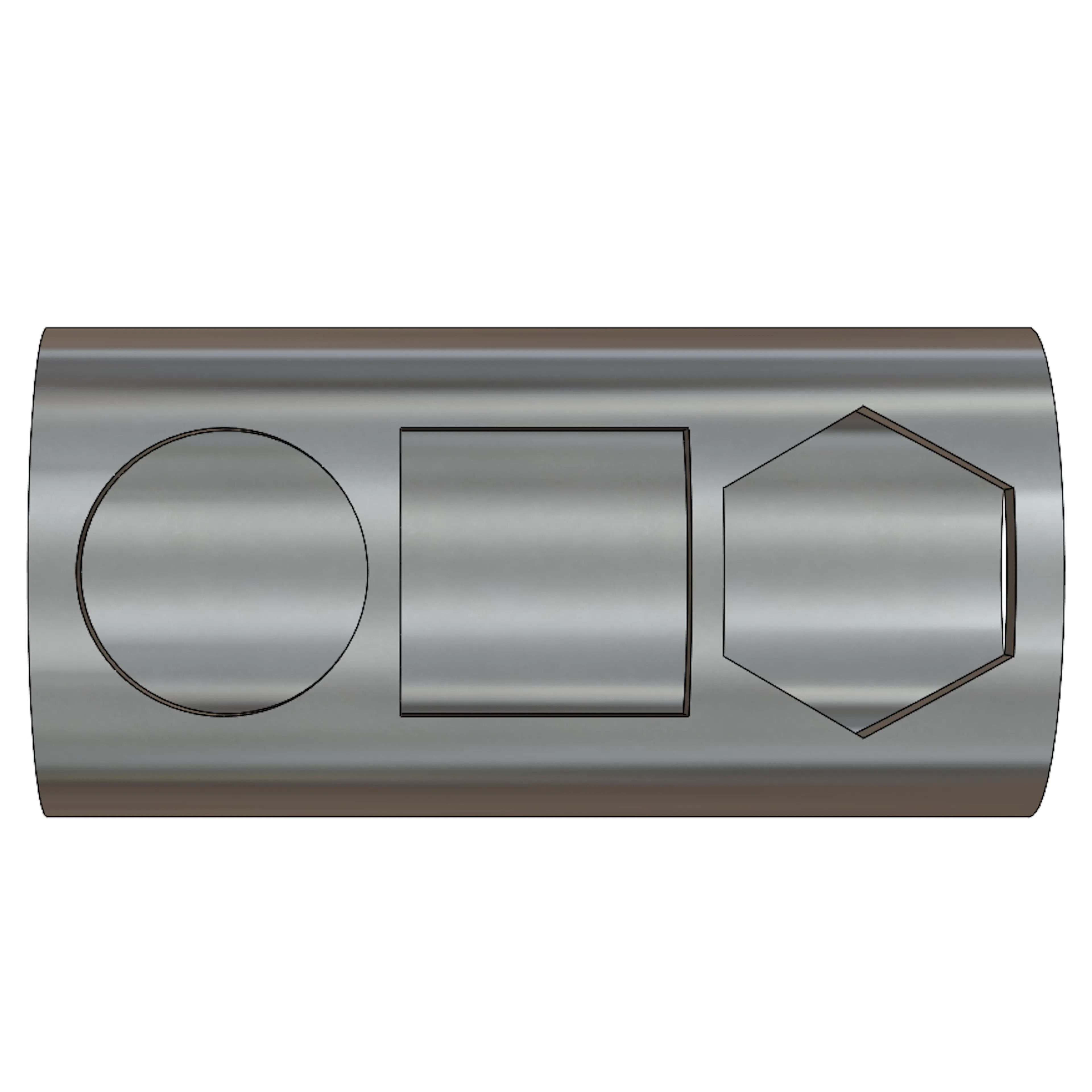 A side view of three holes in a round tube.