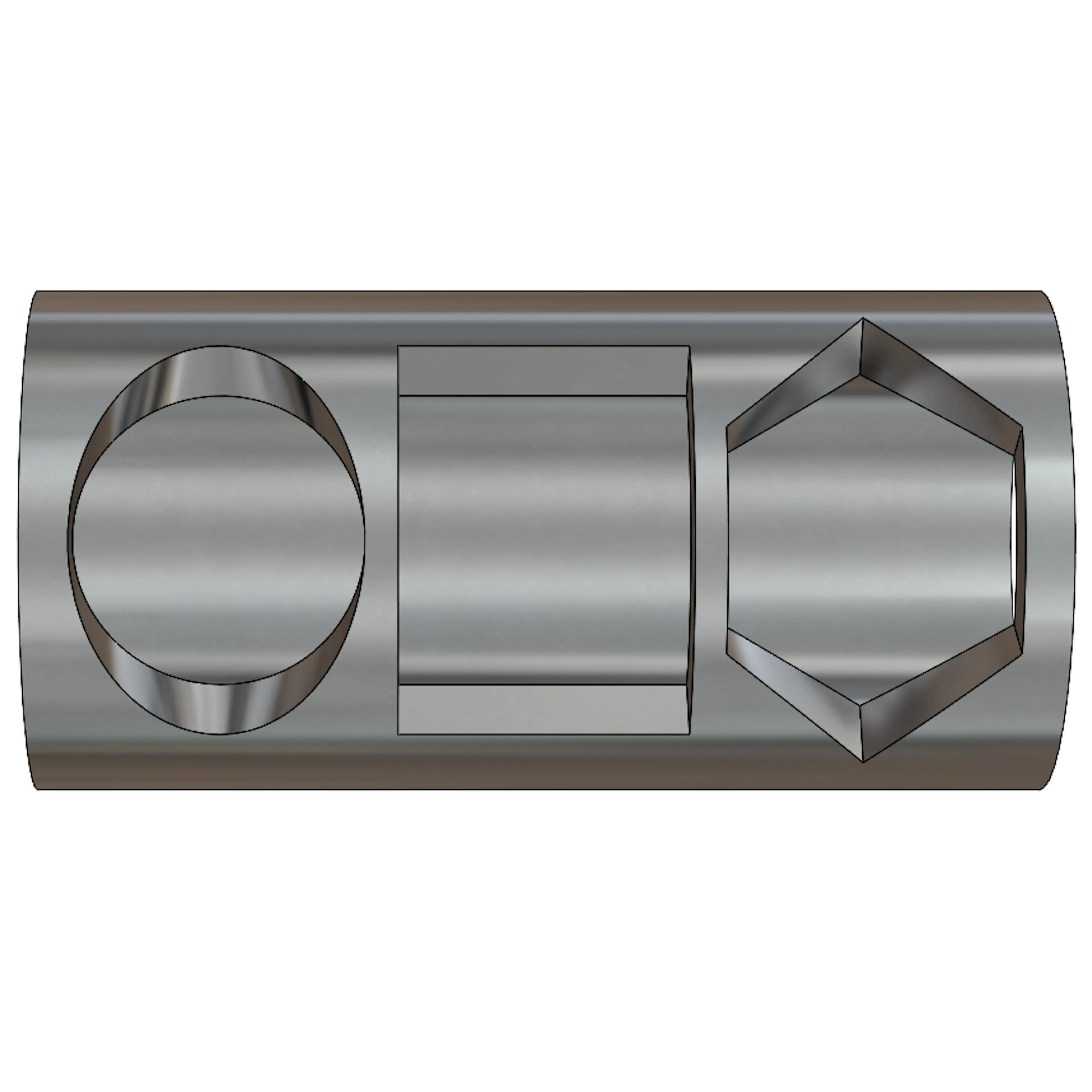 A side view of three normalized holes in a round tube.