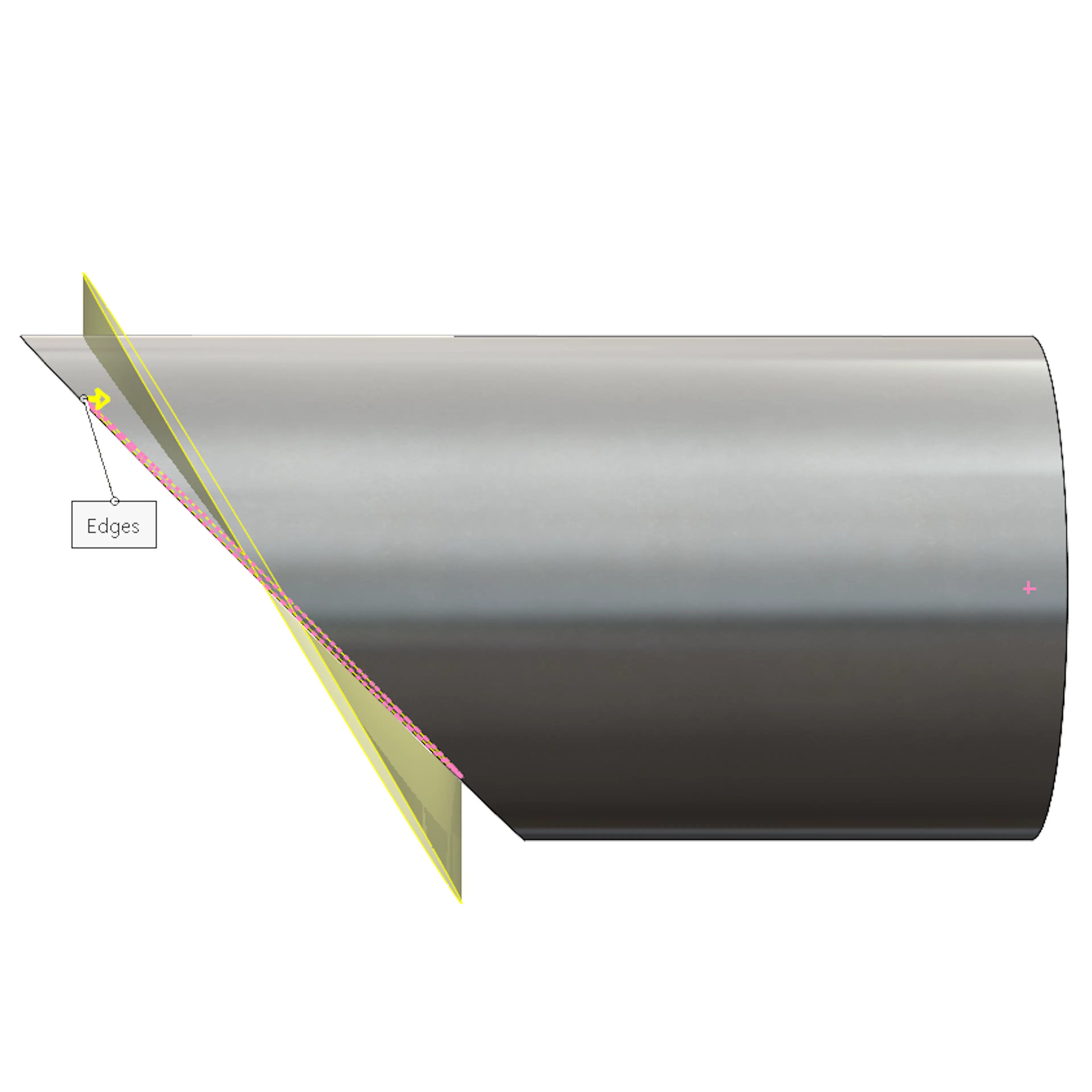 A side view of the ruled surface tool in SolidWorks on a mitered round tube.
