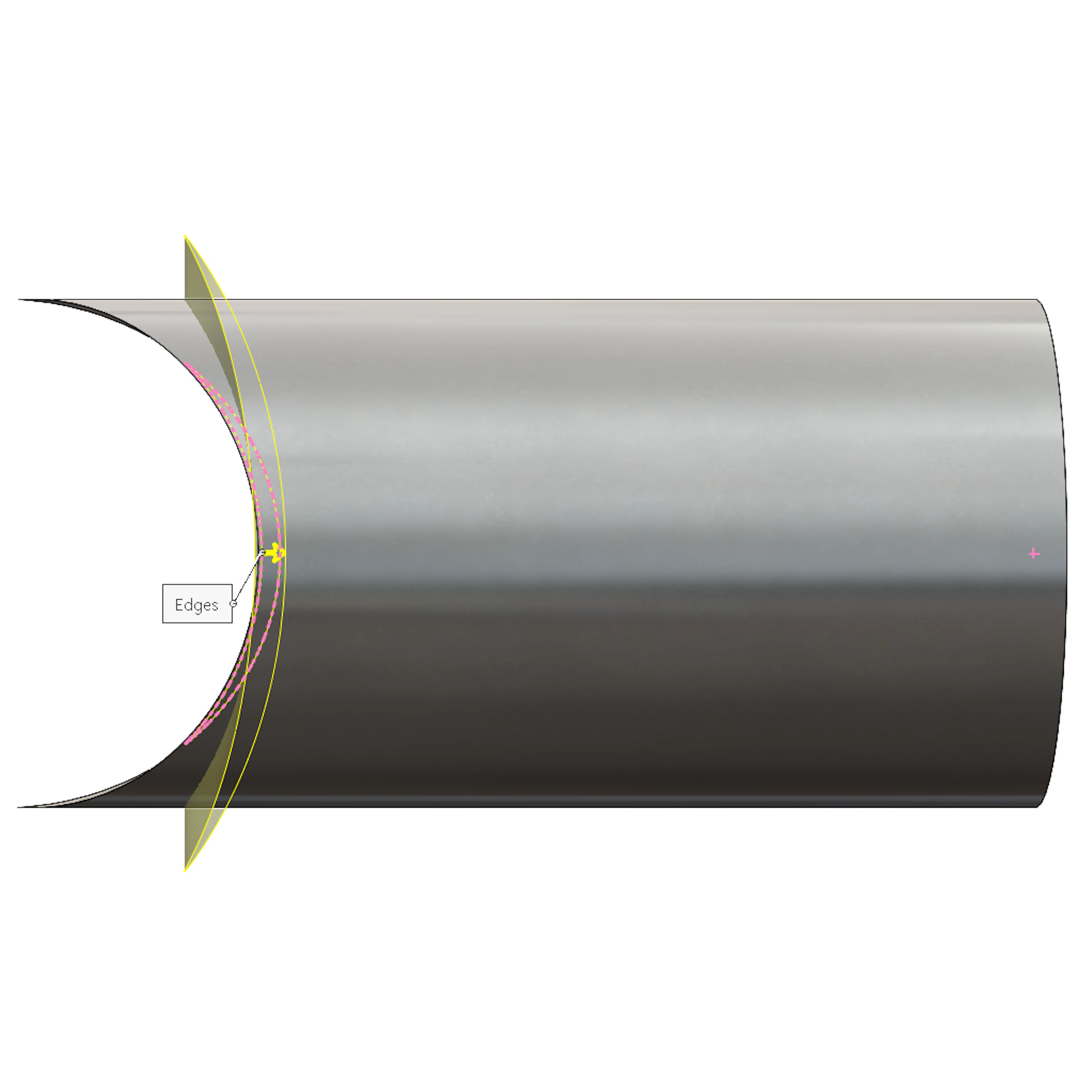 A side view of the ruled surface tool in SolidWorks on a coped round tube.