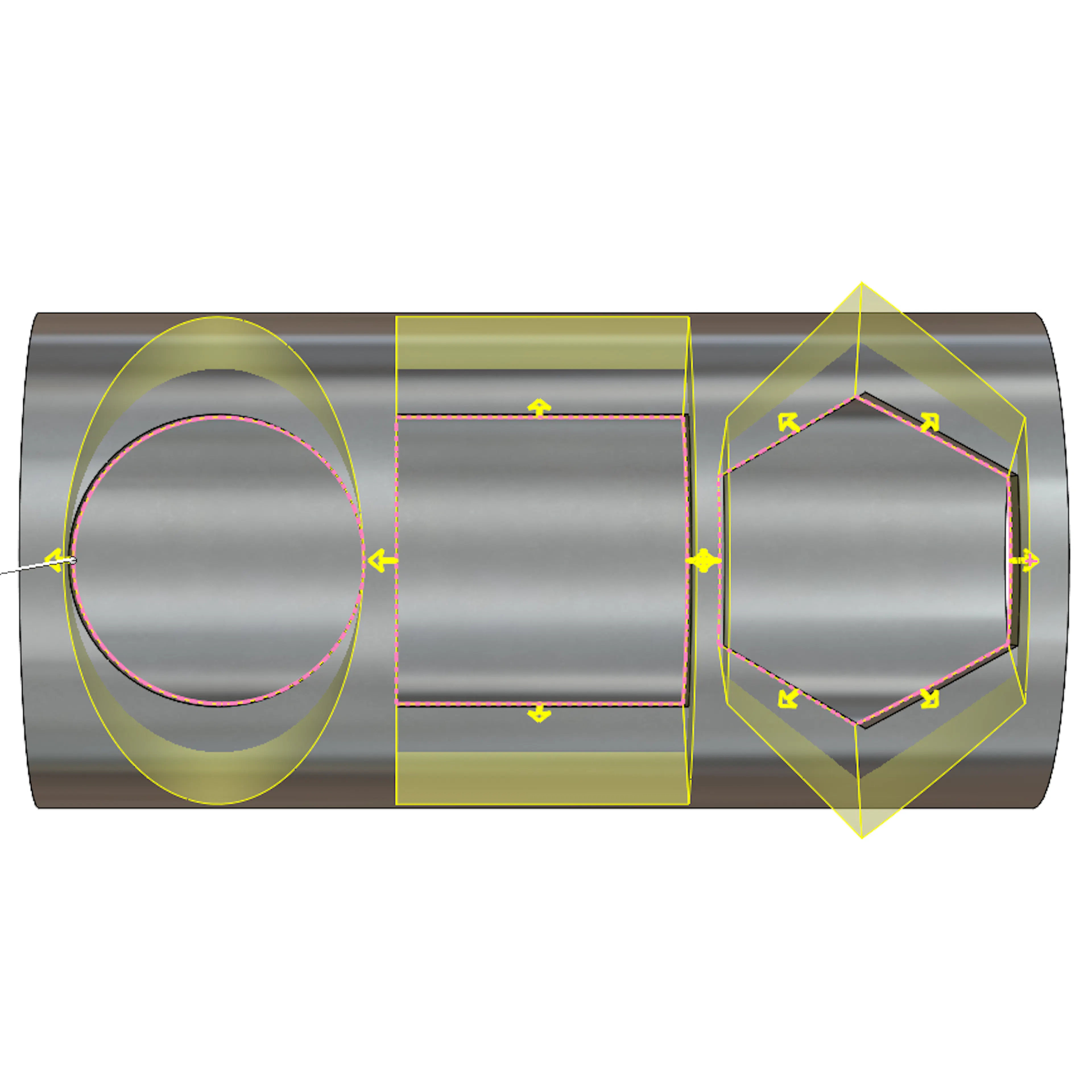 A side view of the ruled surface tool in SolidWorks on a round tube with three holes.