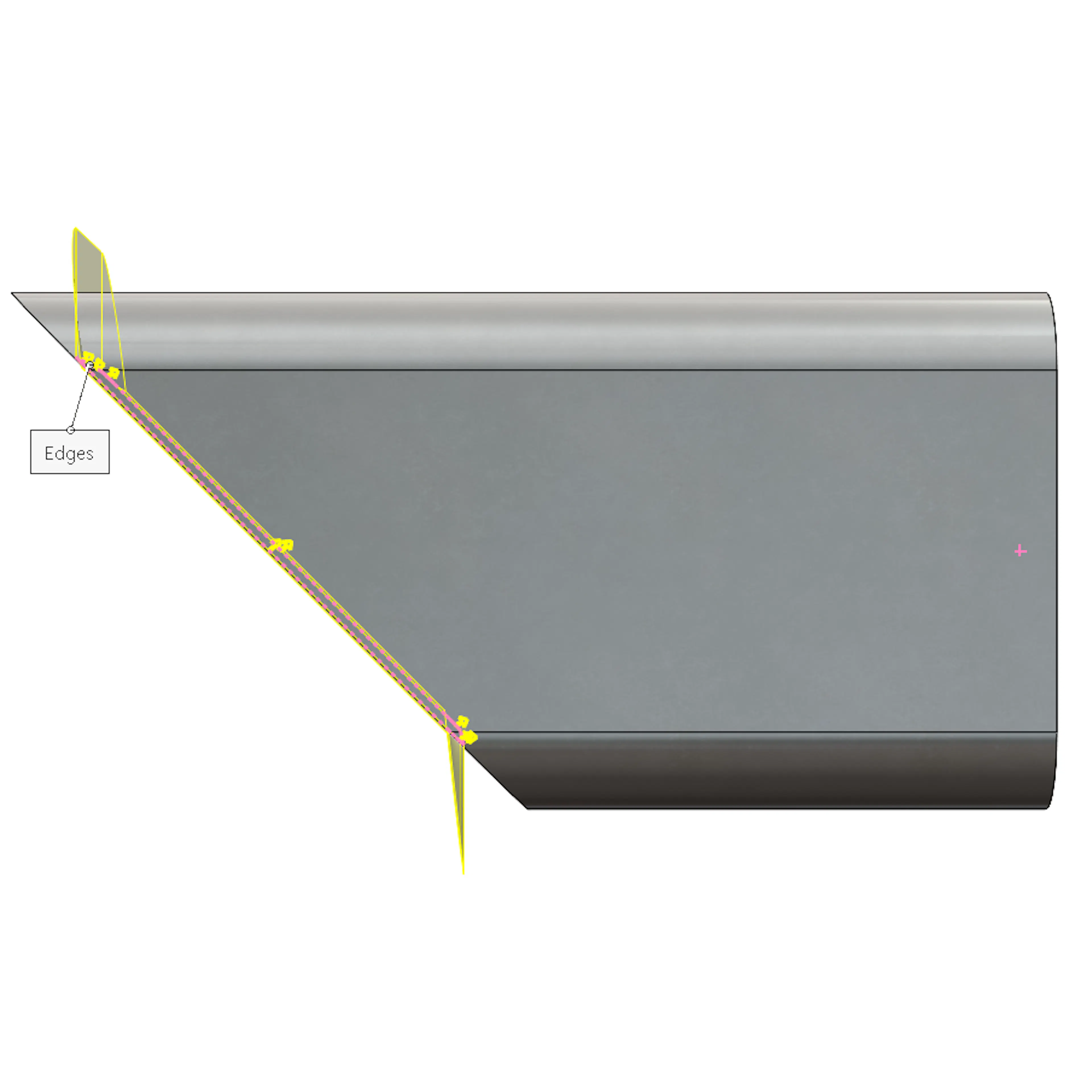 A side view of the ruled surface tool in SolidWorks on a mitered square tube.