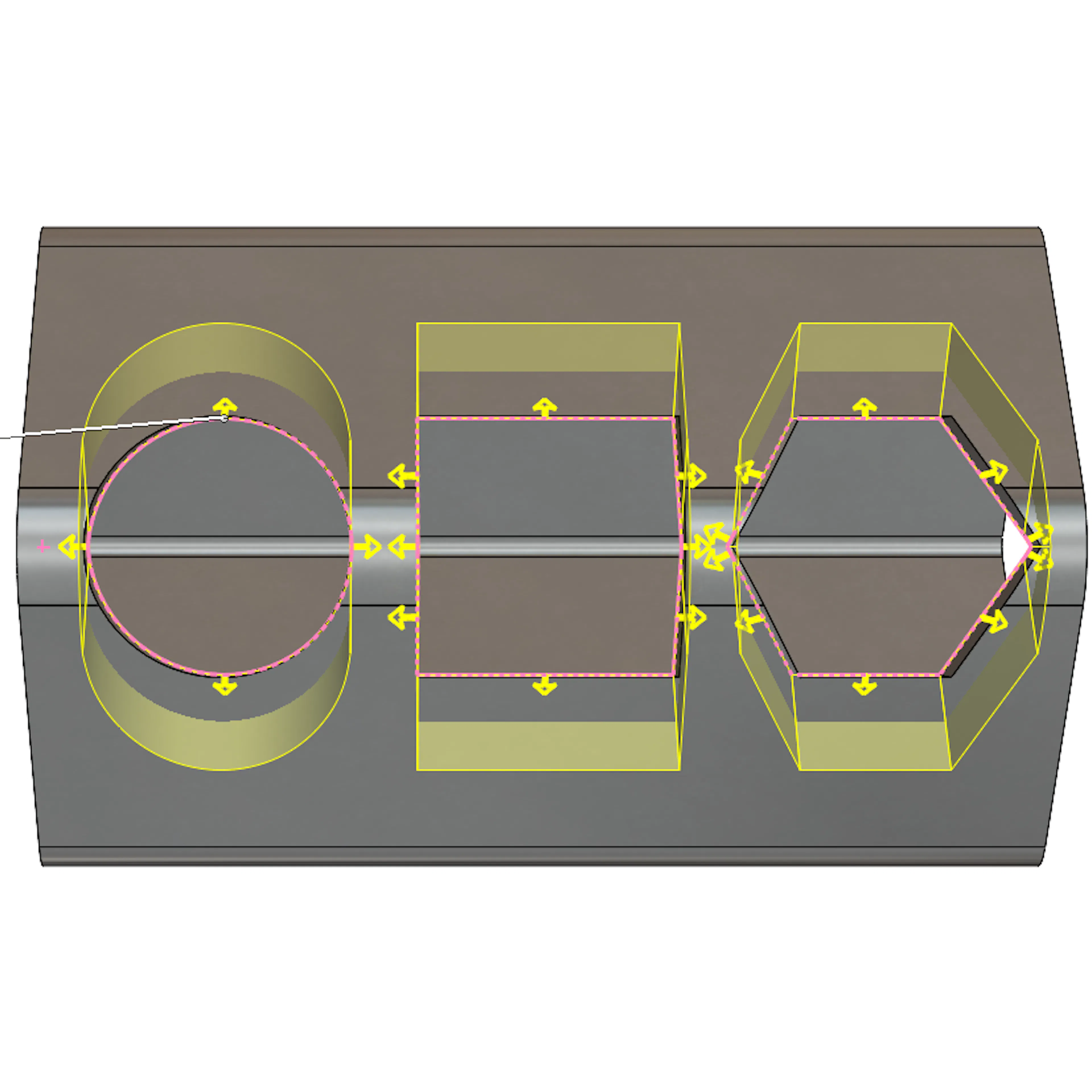 A side view of the ruled surface tool in SolidWorks on a square tube with three holes.