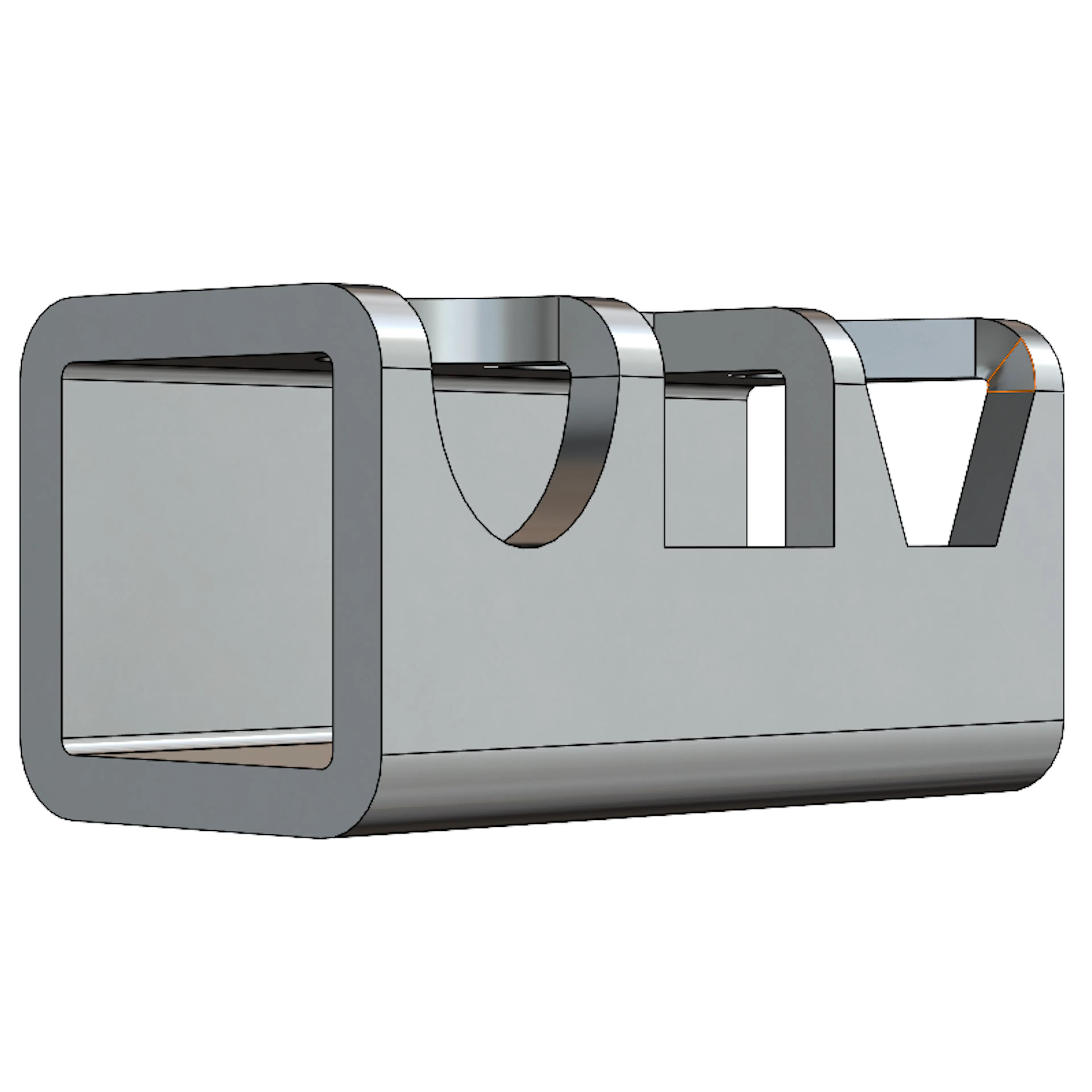 Three normalized holes on a square tube in SolidWorks.