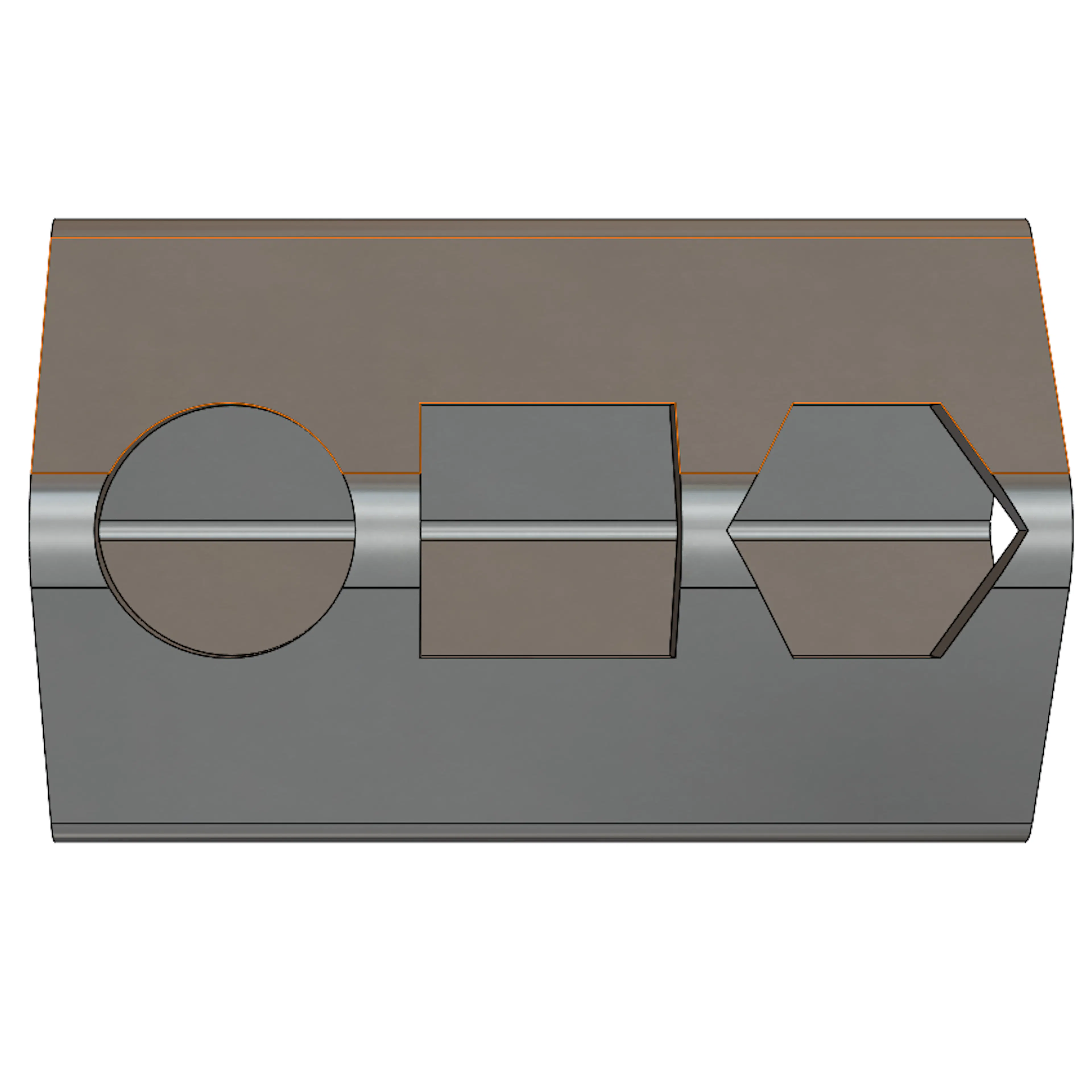 A side view of three holes on a square tube in SoldiWorks.