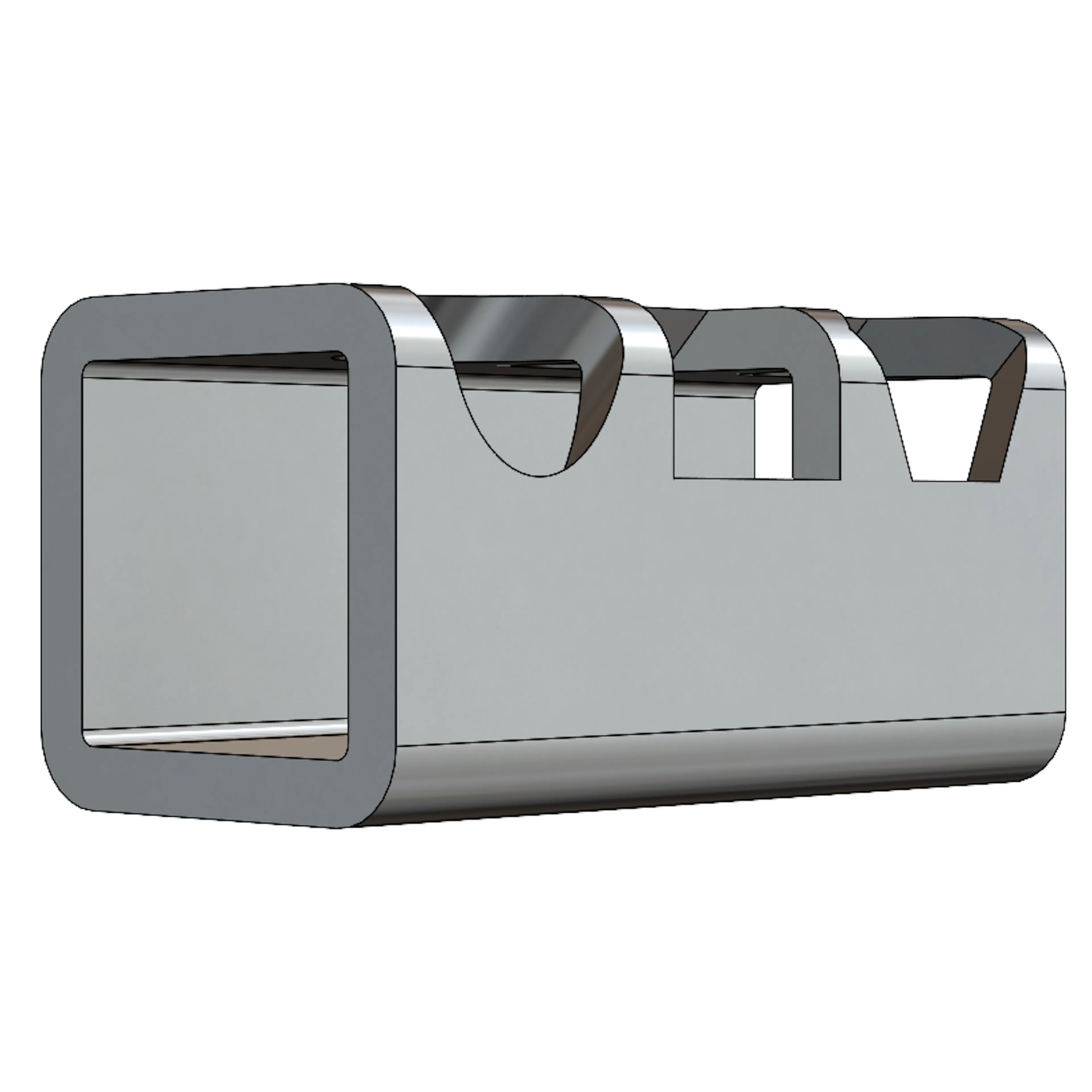 Three holes on a square tube in SolidWorks.