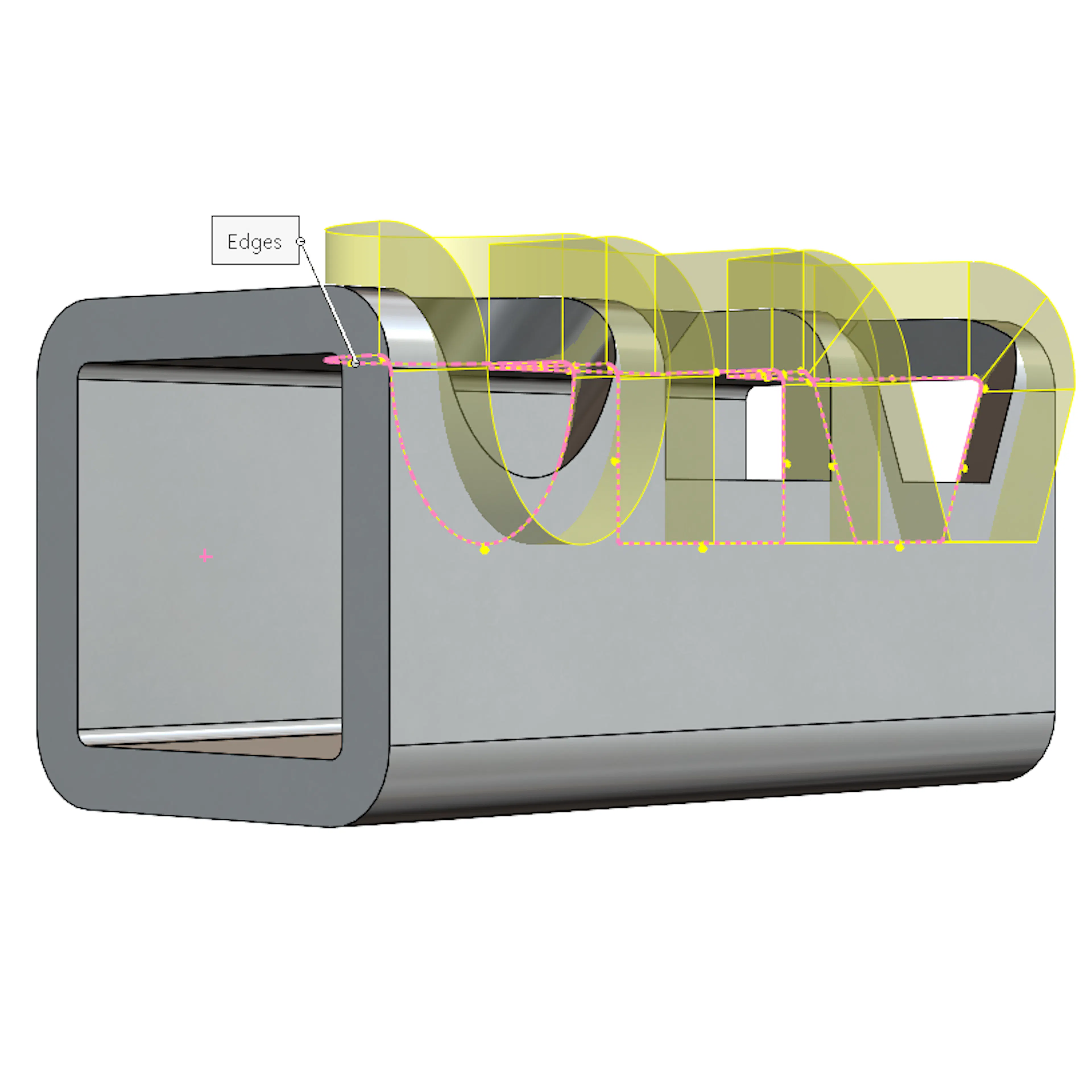 The ruled surface command in SolidWorks on a square tube with three holes.