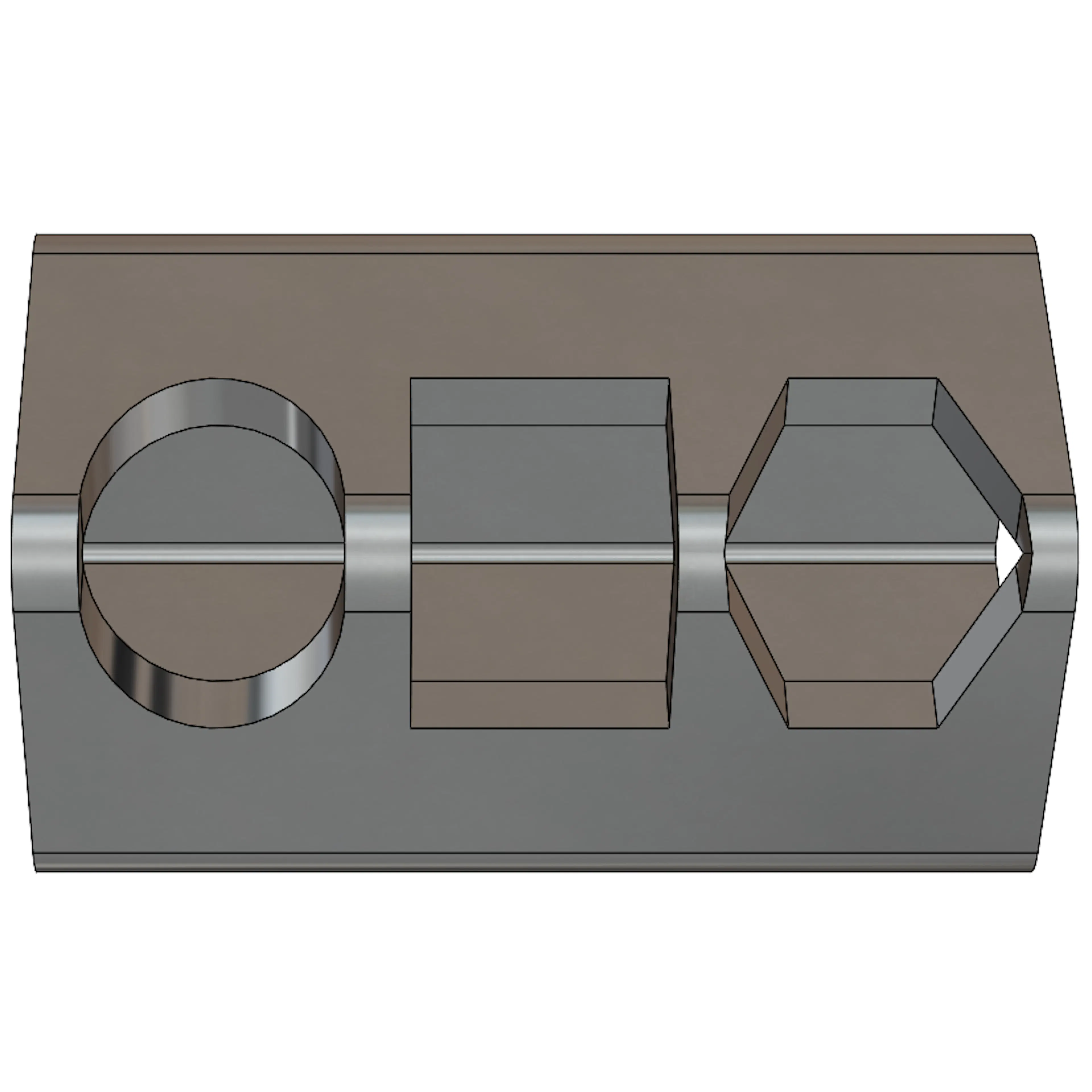 A side view of three normalized holes on a square tube in SolidWorks.