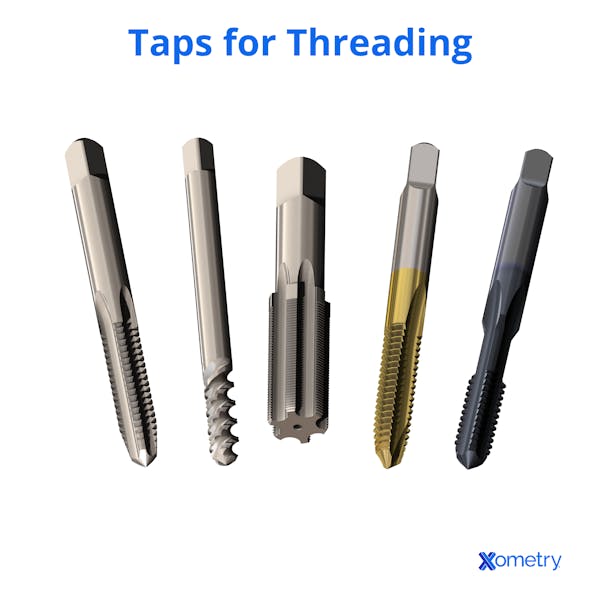 Various types of taps used for threading holes.