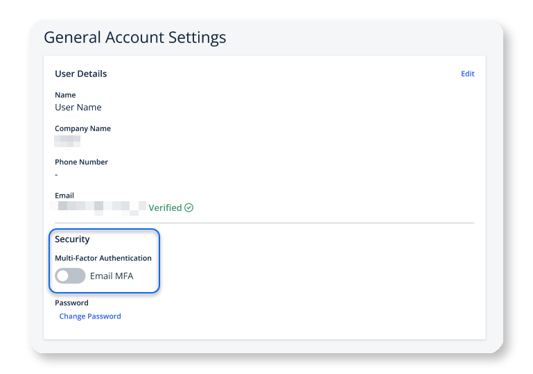 MFA setting on Xometry user settings page.