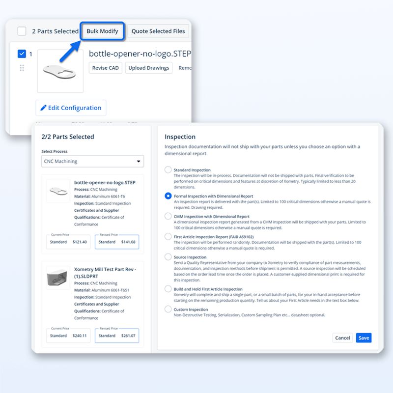 Xometry bulk modify inspection options.