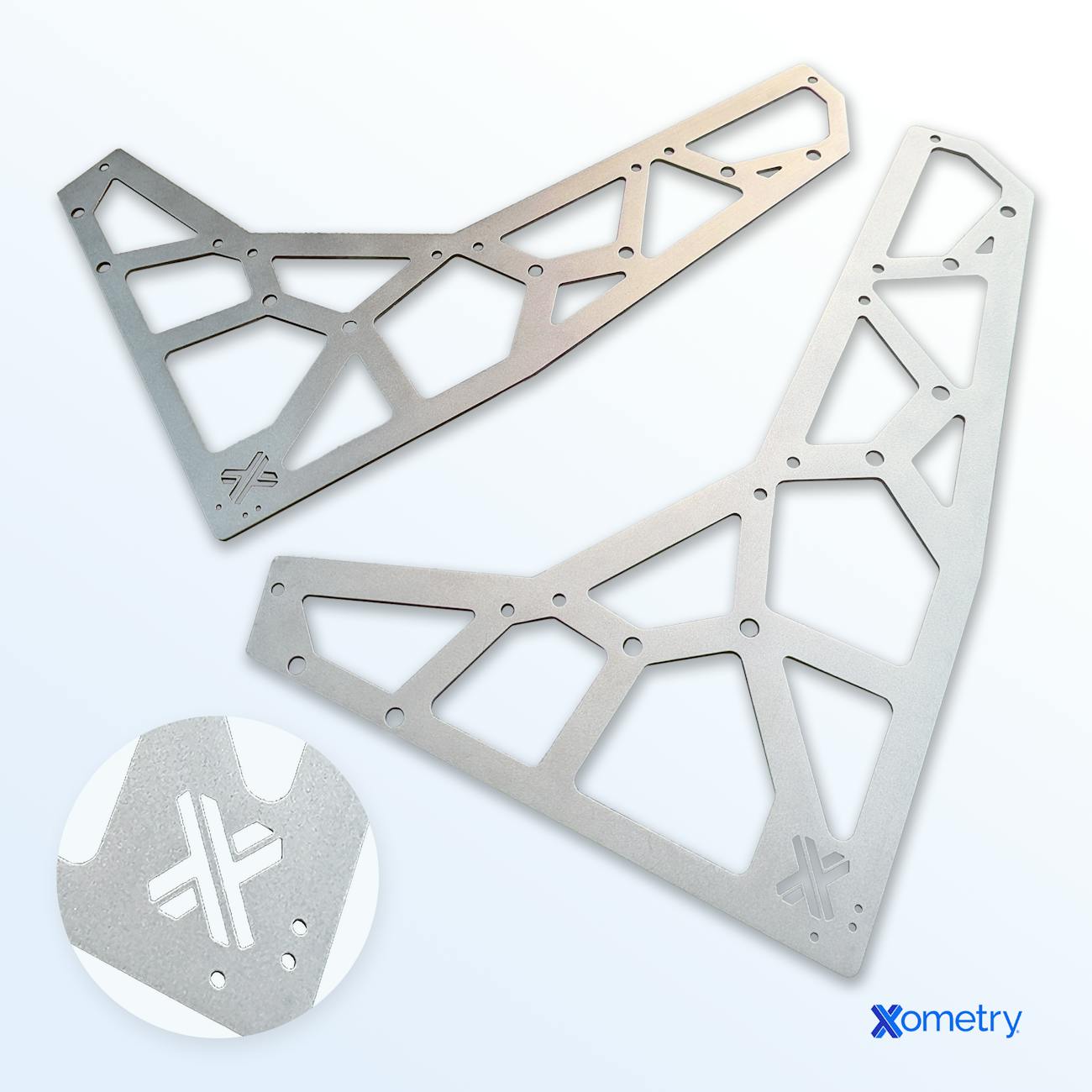 Laser cut aluminum parts made by Xometry with a glass bead blasted finish.