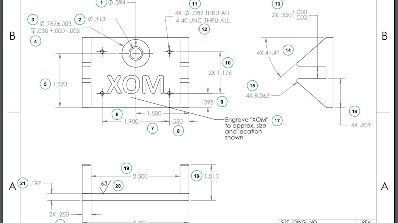 A drawing for a CNC machined part 