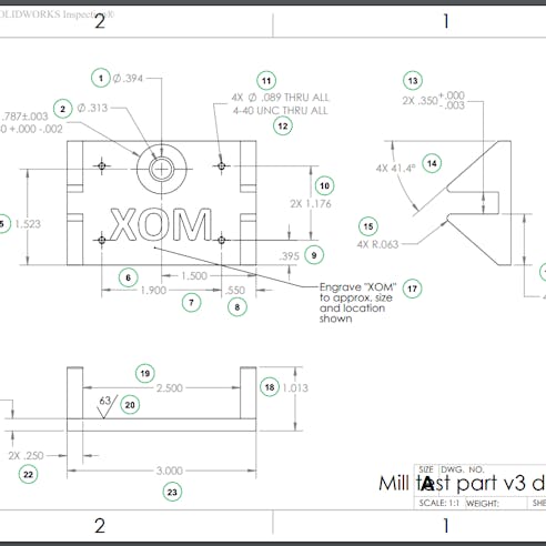 Xometry inspection report technical drawing