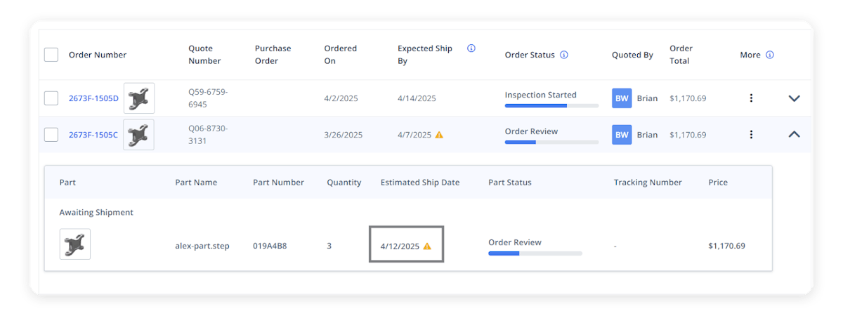 A screenshot of the Orders page on Xometrys platform showing an order with a new ship date.