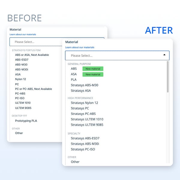 Before and After comparison of Xometry FDM materials menu changes.