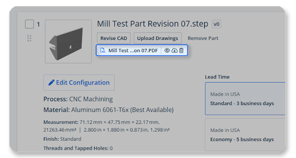 Xometry Instant Quoting Engine® with the PDF buttons highlighted.