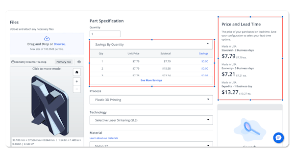 Screenshot of price, lead time and quantity savings on updated configuration screen.