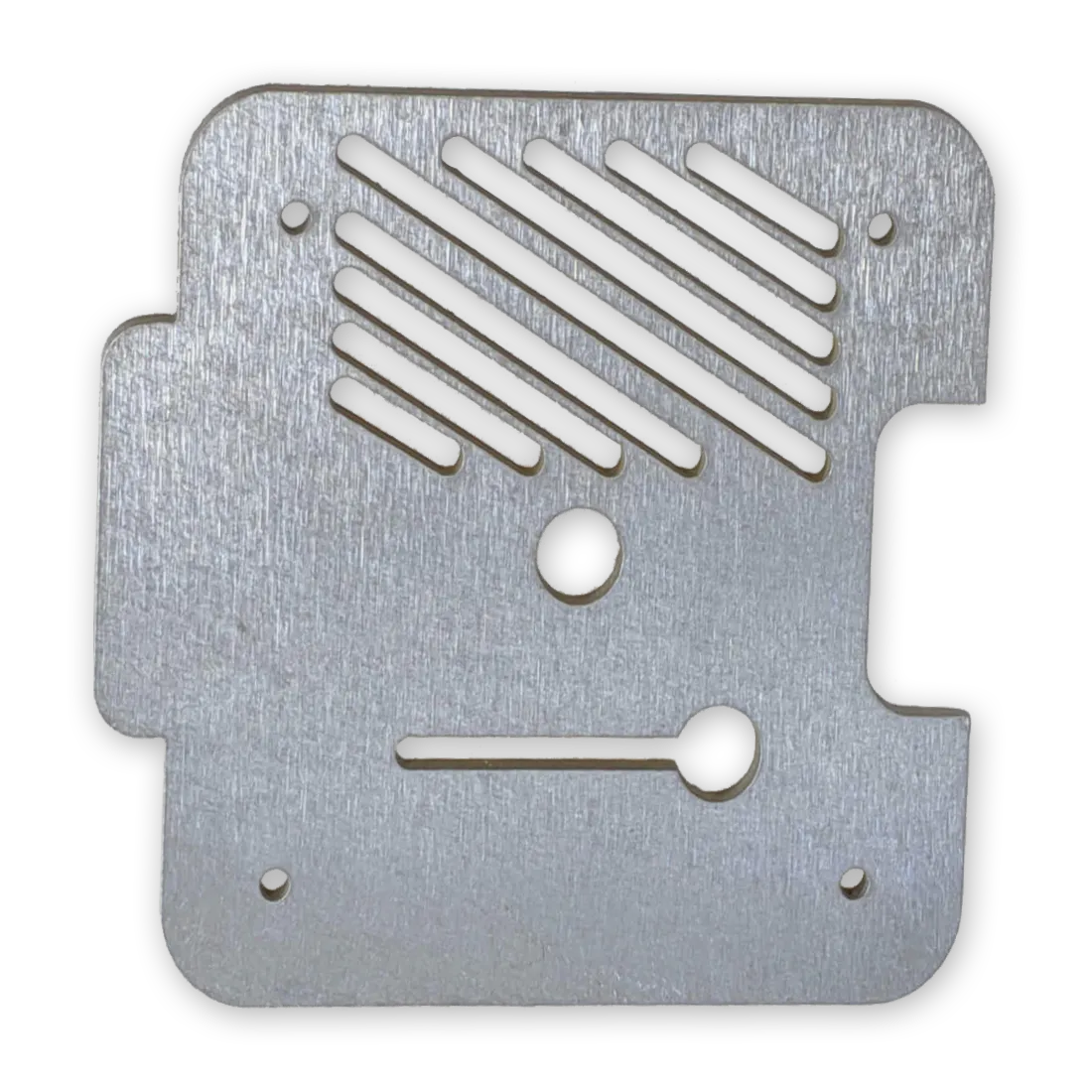 Low carbon steel sheet metal part with a random swirl finish.