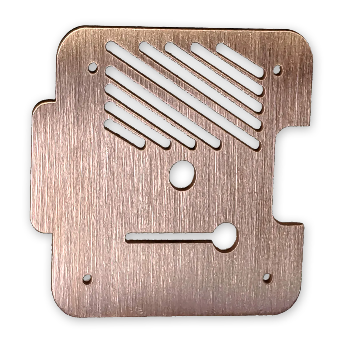 Copper sheet metal part with a linear grain finish.