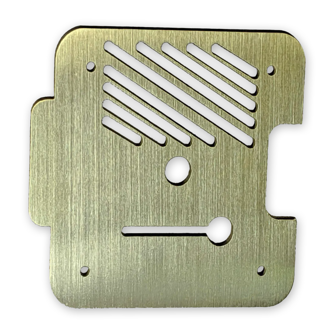Brass sheet metal part with a linear grain finish.