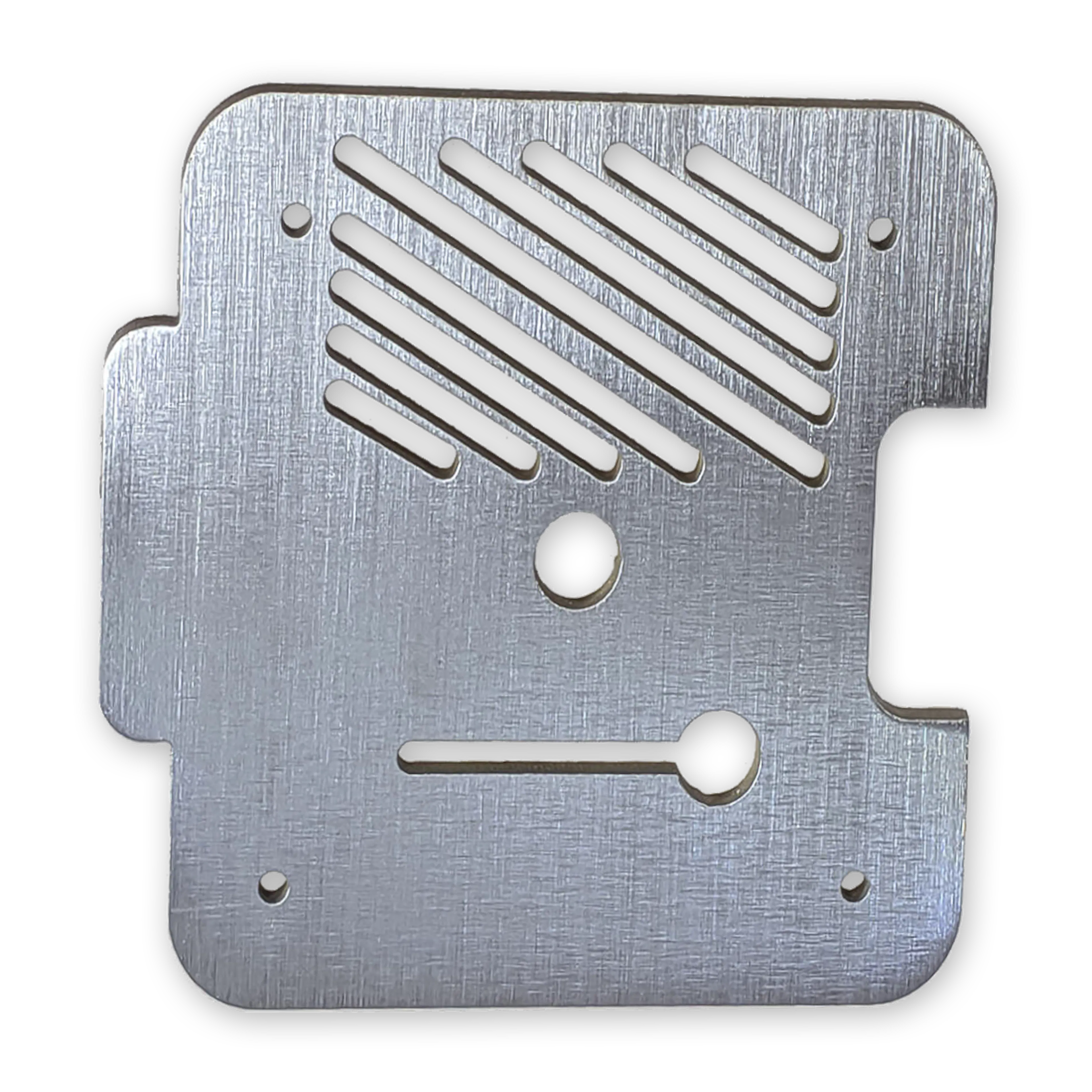 Low carbon steel sheet metal part with a linear grain finish.