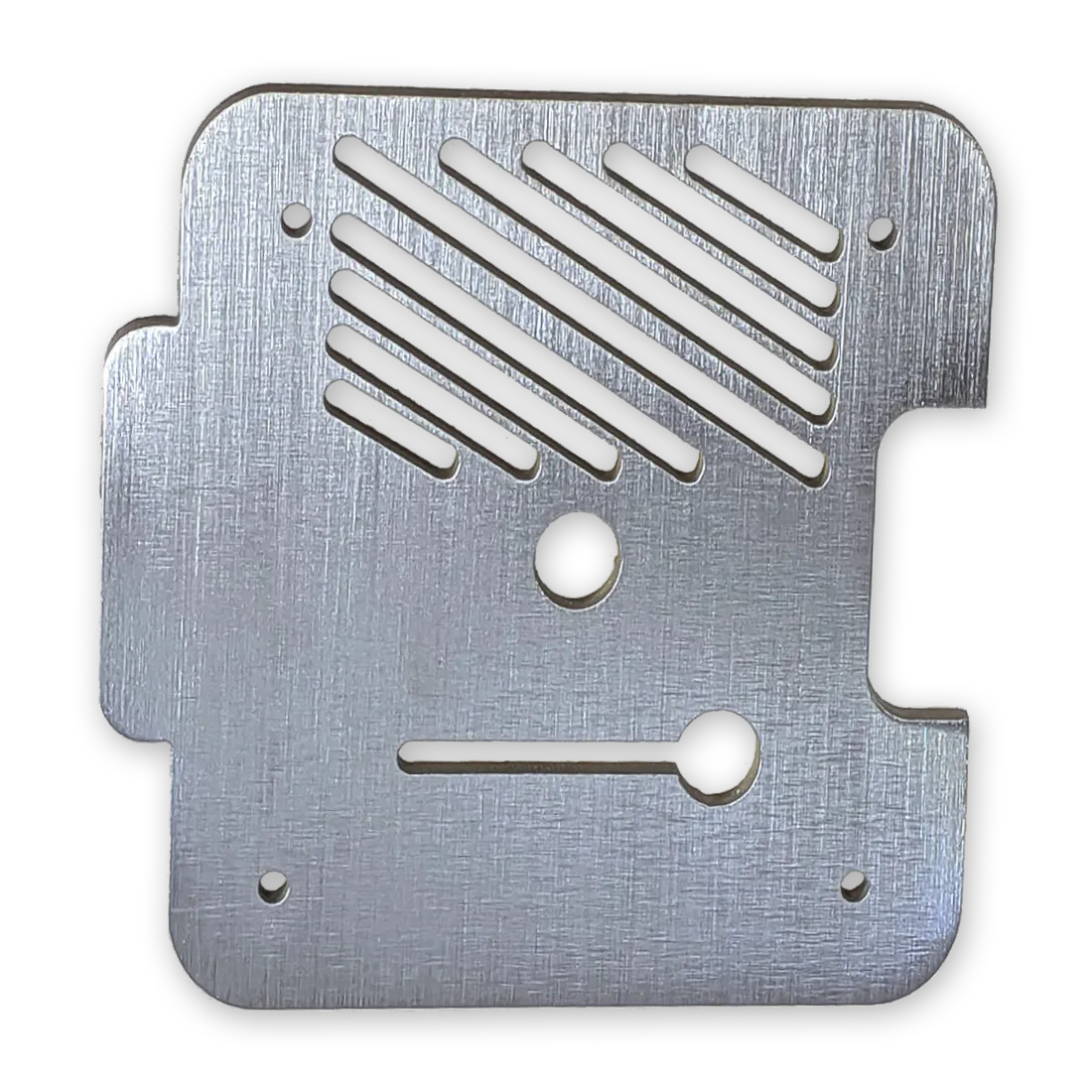 Low carbon steel sheet metal part with a linear grain finish.