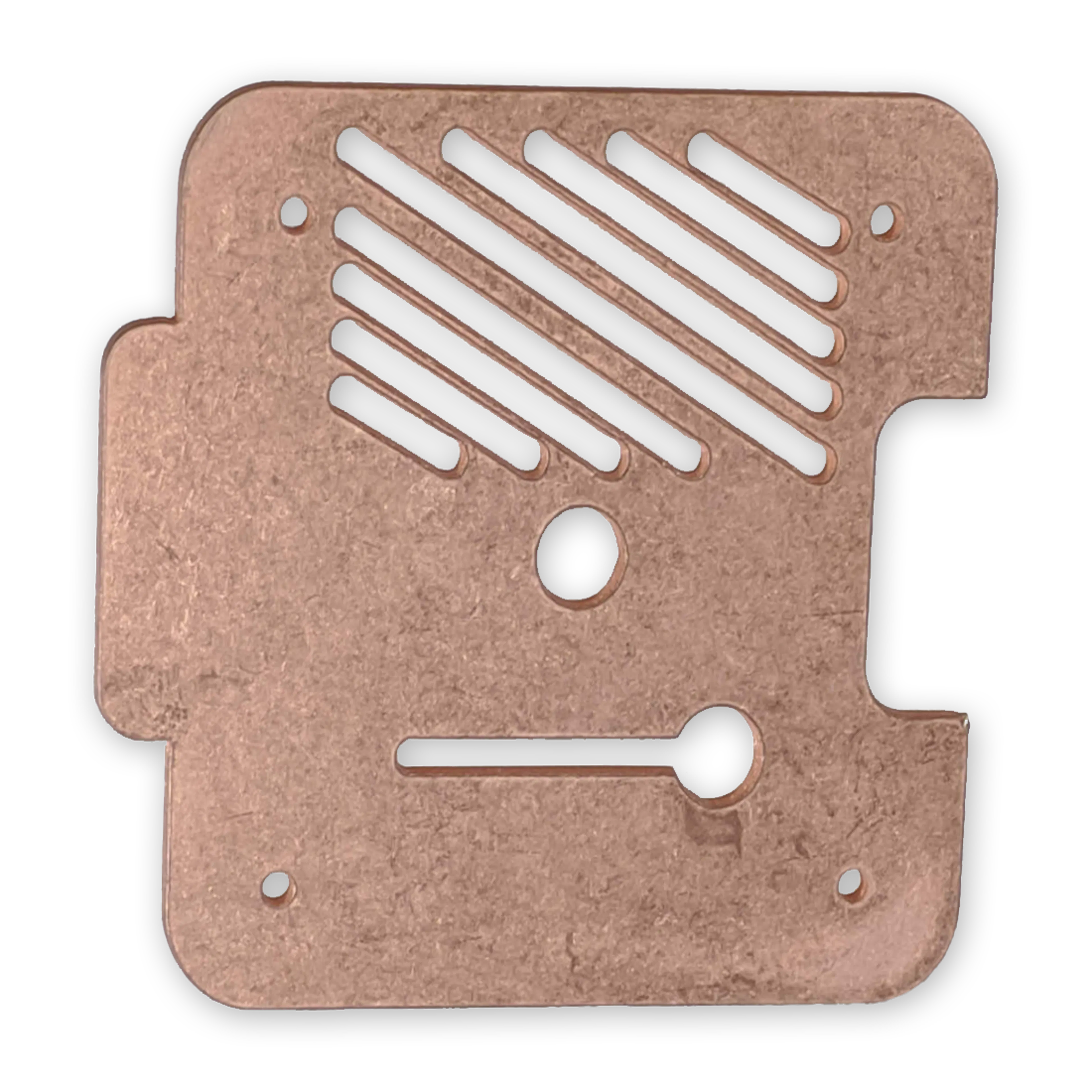 Copper sheet metal part with a tumbled finish.