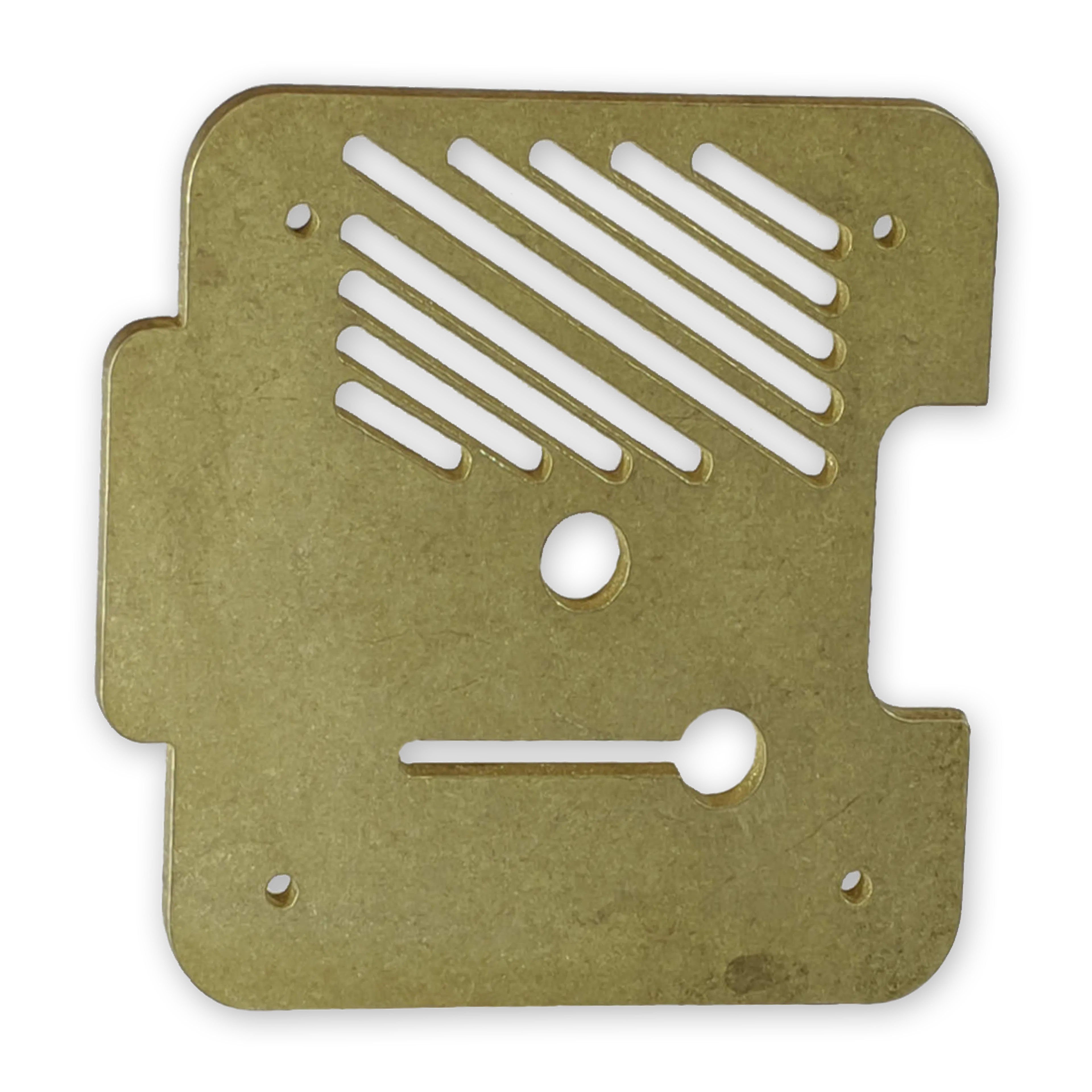 Brass sheet metal part with a tumbled finish.