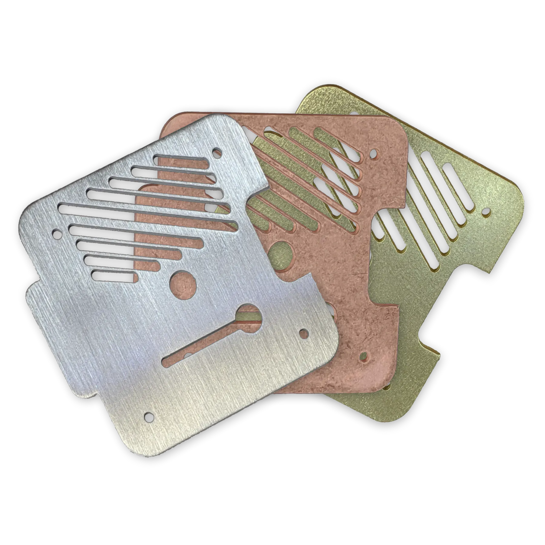 An array of sheet metal parts of different materials and finishes.