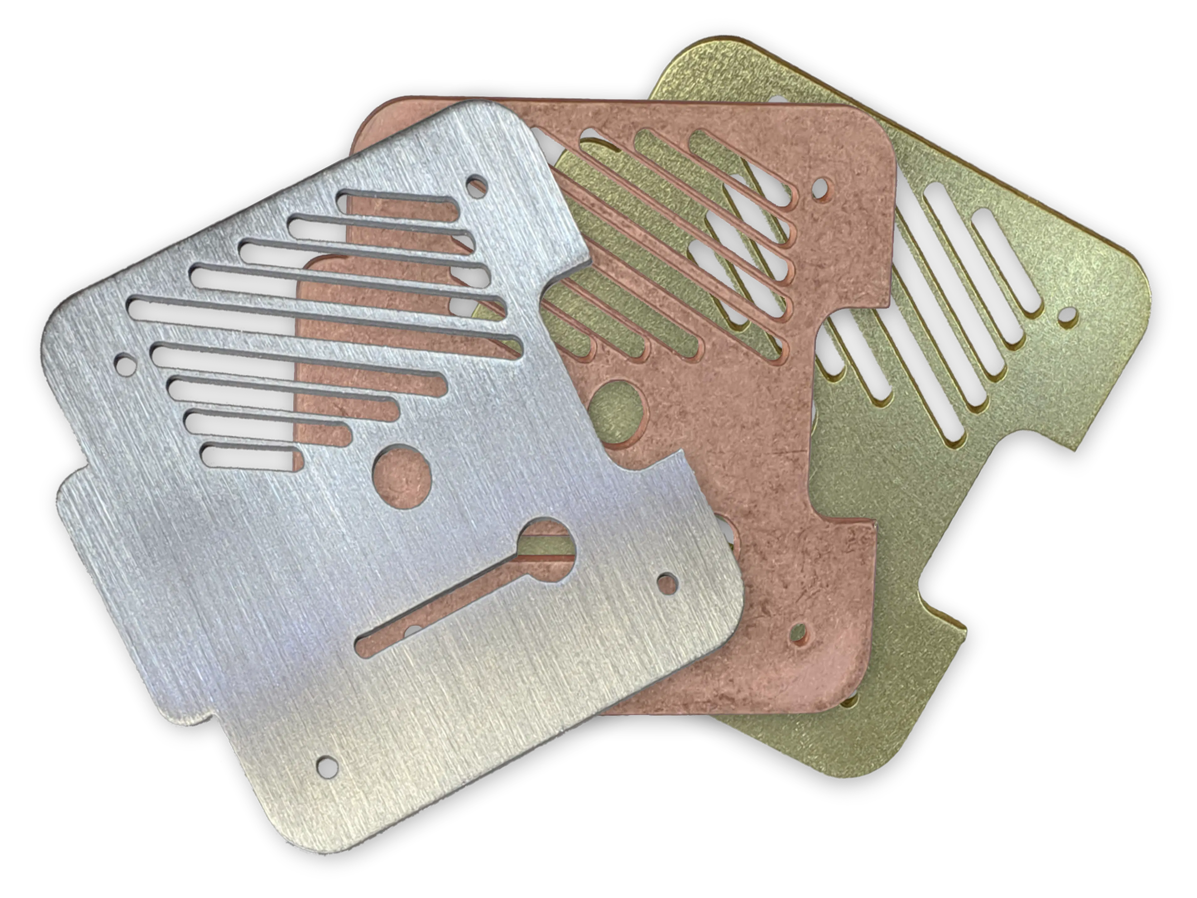 An array of sheet metal parts of different materials and finishes.