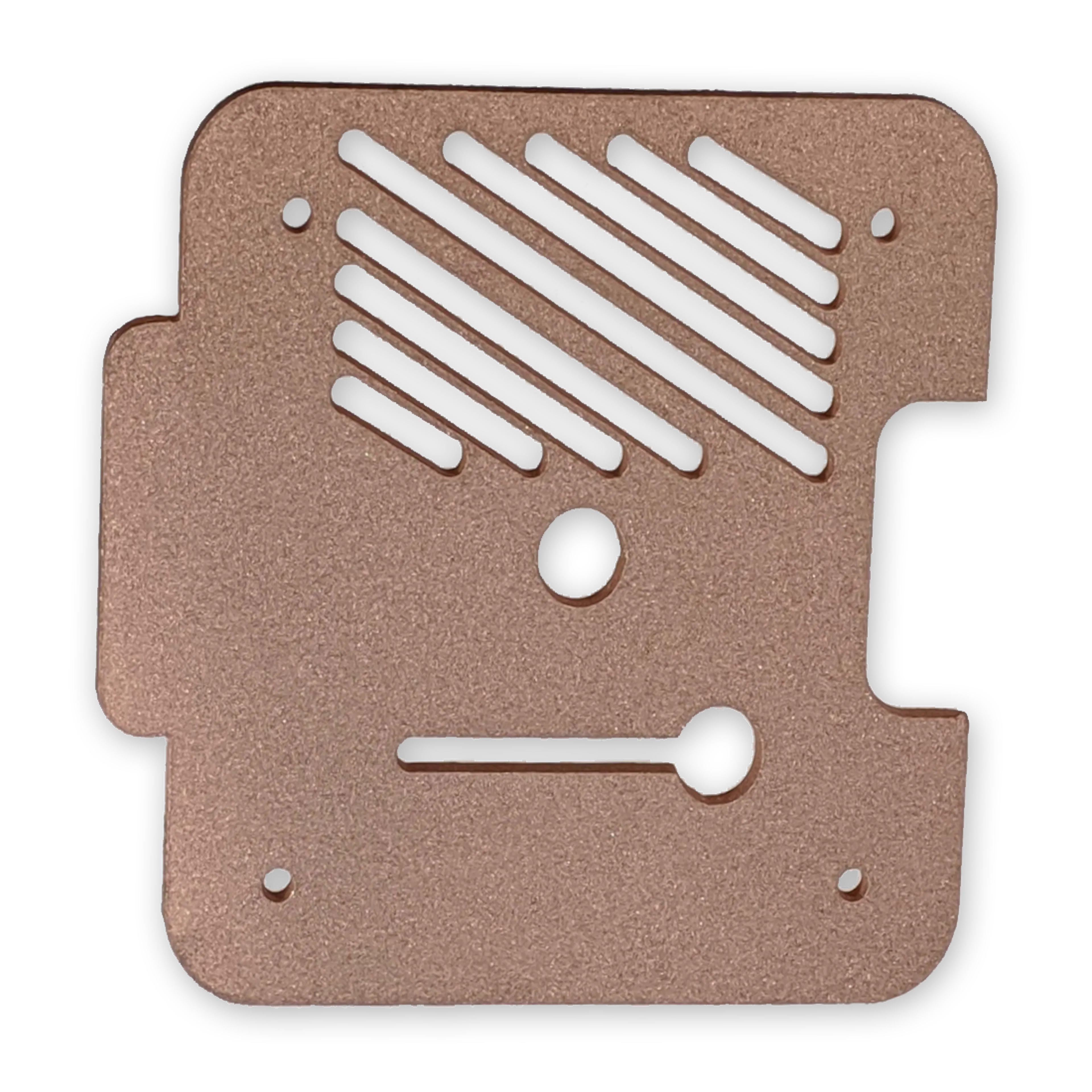 Copper sheet part with a bead blasted finish.