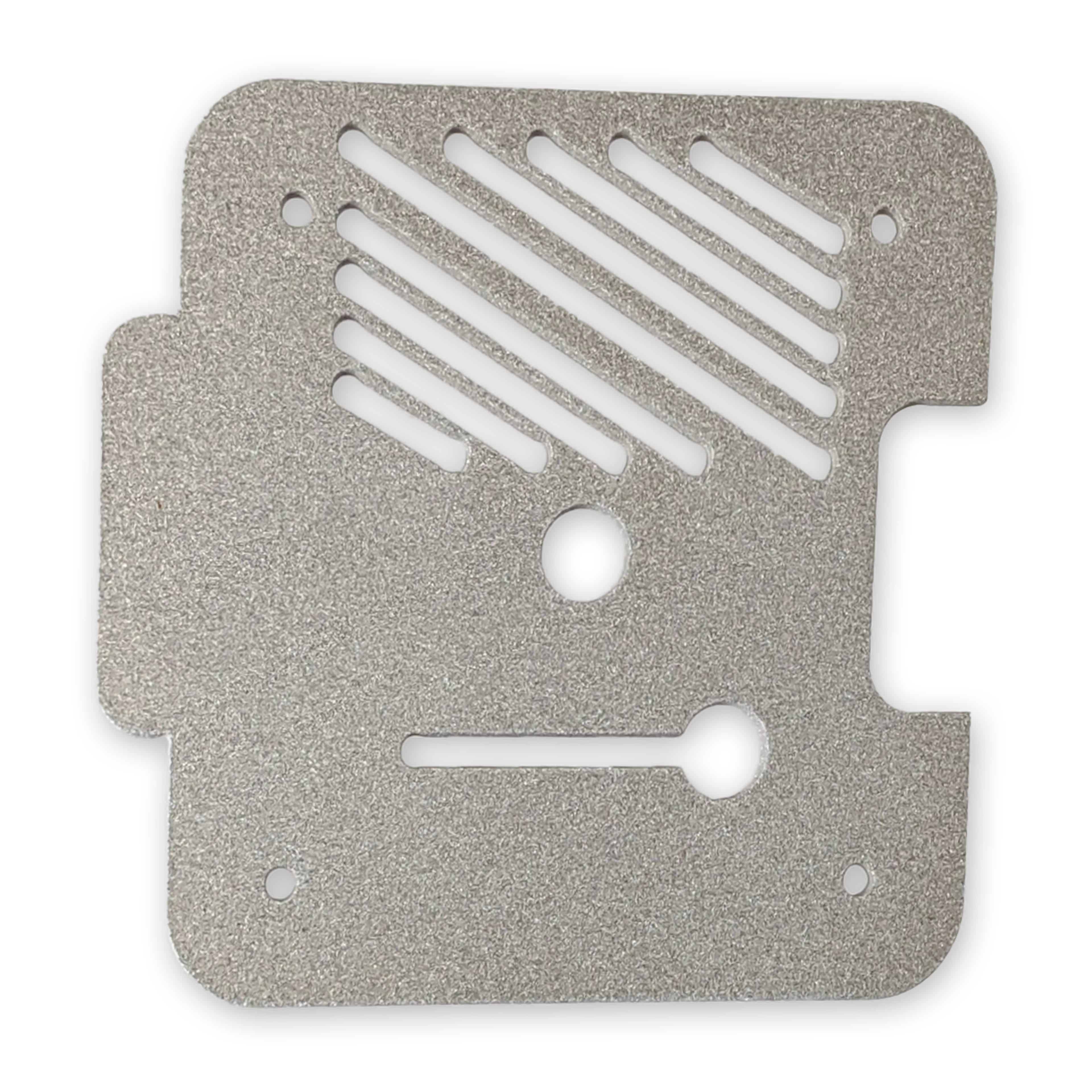 Aluminum sheet part with a bead blasted finish.