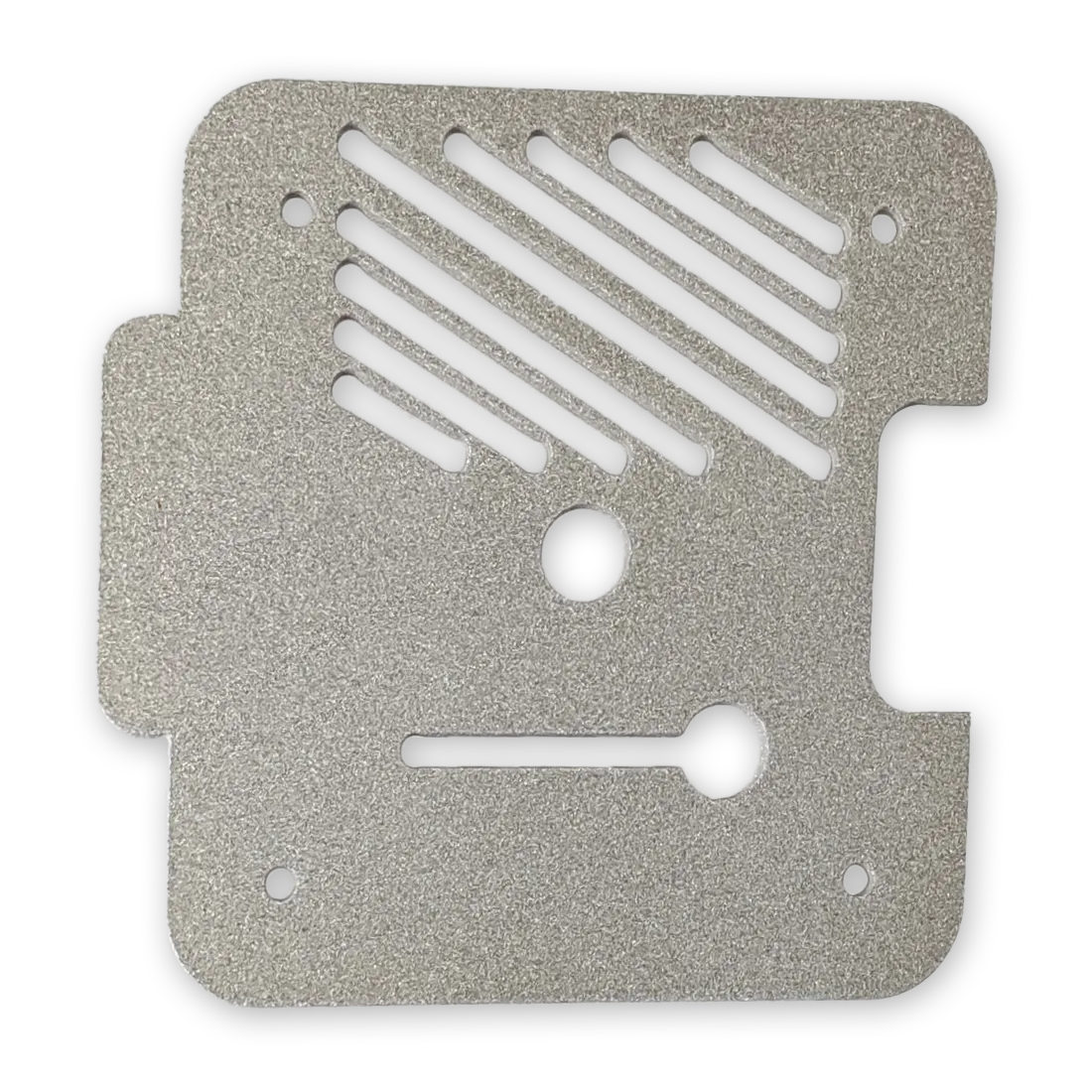 Aluminum sheet part with a bead blasted finish.