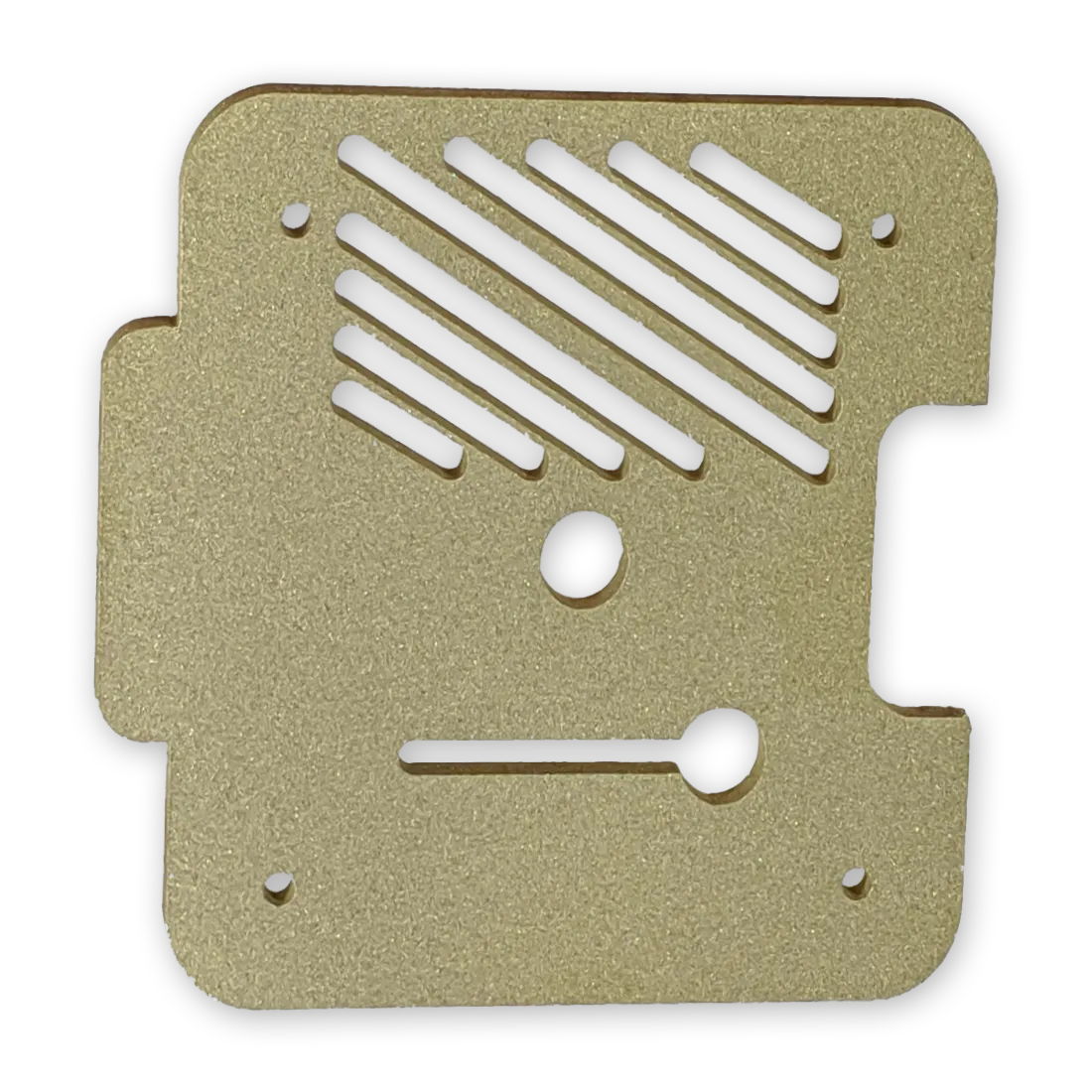 Brass sheet part with a bead blasted finish.