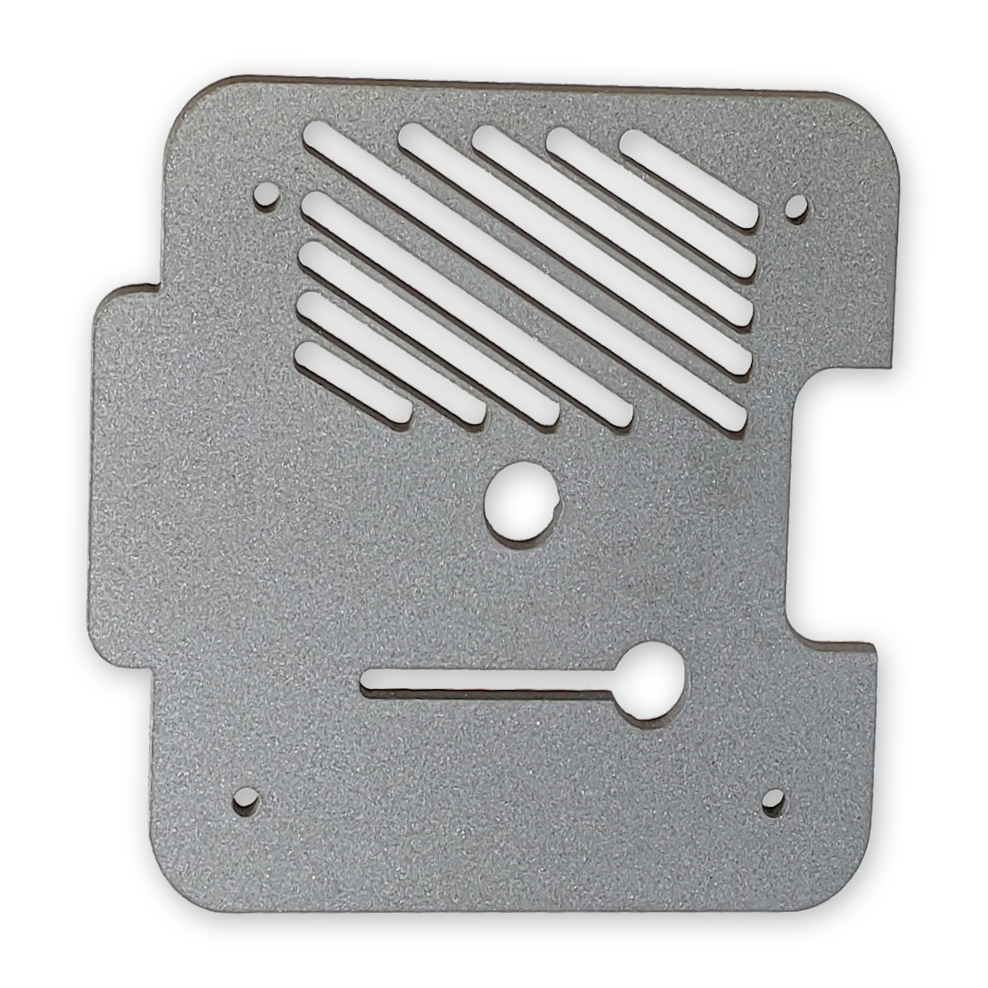 Low carbon steel sheet part with a bead blasted finish.