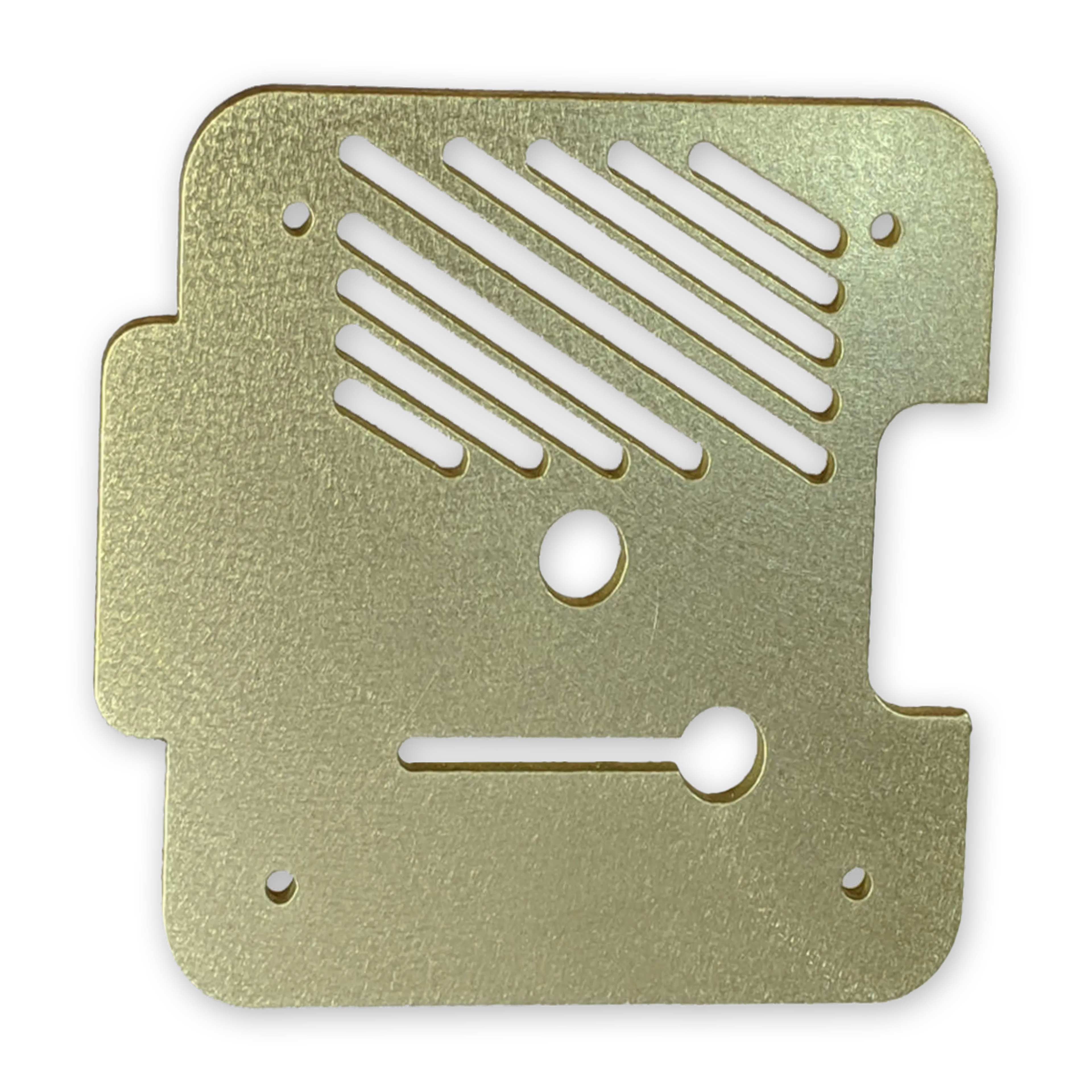 Brass sheet metal part with a random swirl finish.