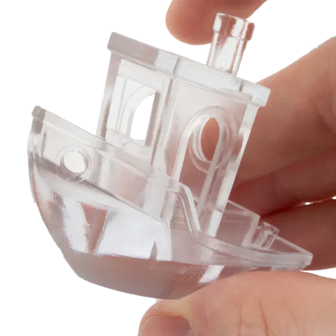 SLA printed 3D Benchy from ClearVue resin with a quick-clear finish.