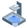 Isometric illustration of the SLA 3D printing process.