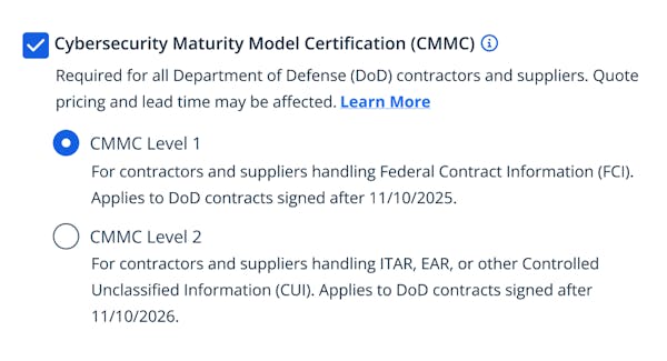 CMMC Certification options in the Xometry Instant Quoting Engine.