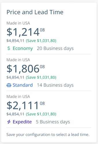 Screenshot showcasing new price and lead time styling.